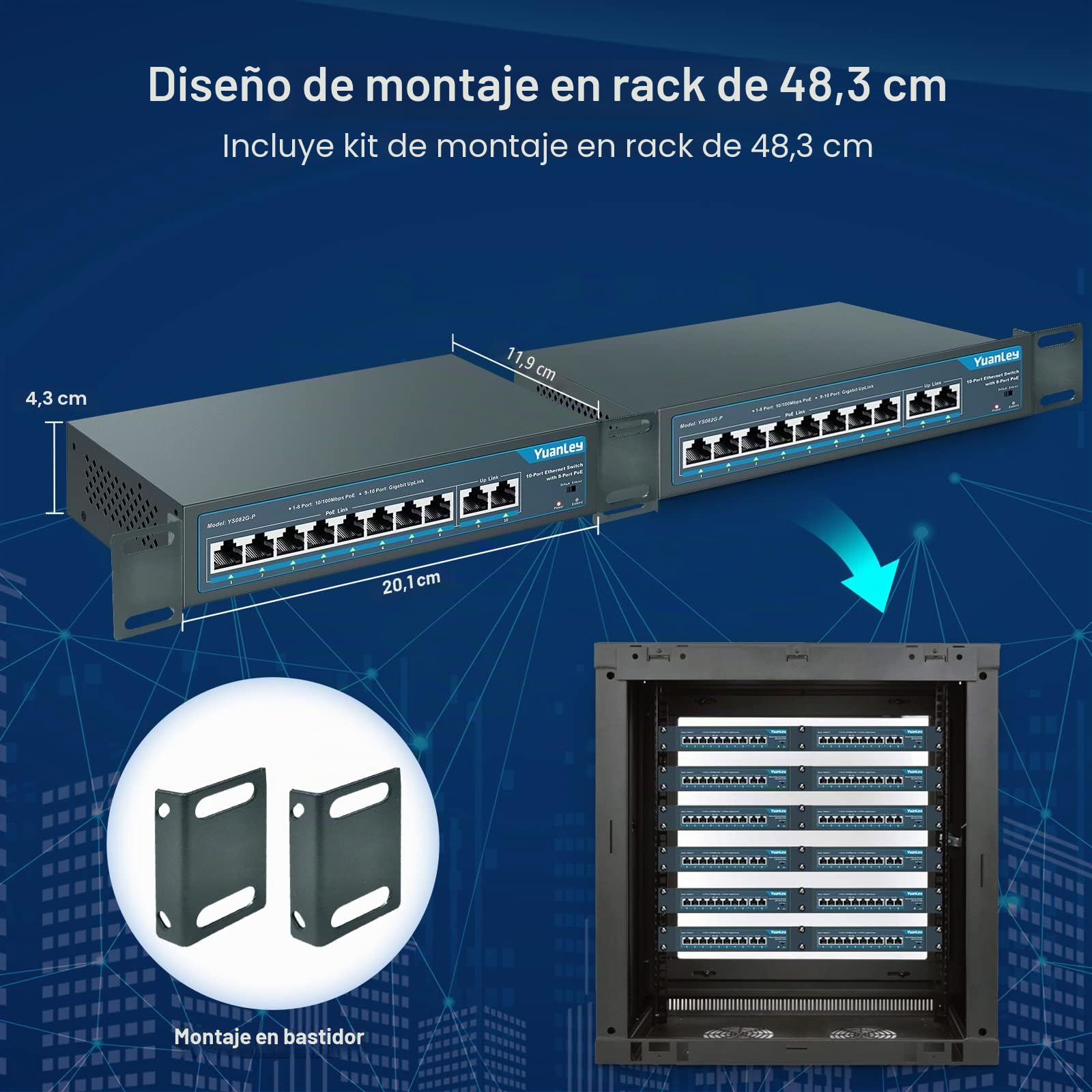 YuanLey 10 Port PoE Switch, 8 PoE+ Port 100Mbps, 2 Uplink Gigabit, 120W 802.3af/at, Función de Extensión, Sin Ventilador, Metal, Plug & Play