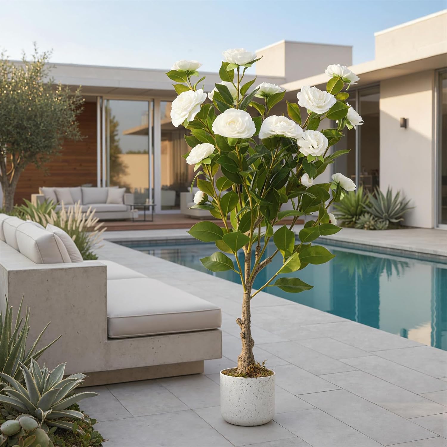 GAOMON Artificial Camellia Tree,33.5inch/2.8FT Realistic Camellia Plants in Pot with Flowers Fake Artificial Tree for Indoor and Outdoor,Wedding Decoration,White