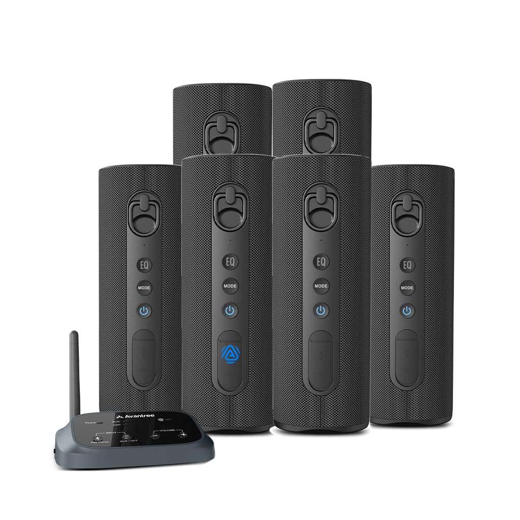 Avantree Harmony A1 – Sistema di altoparlanti wireless multi-room Auracast per musica, feste e riunioni in casa, 1 trasmettitore con 6 altoparlanti Bluetooth Auracast