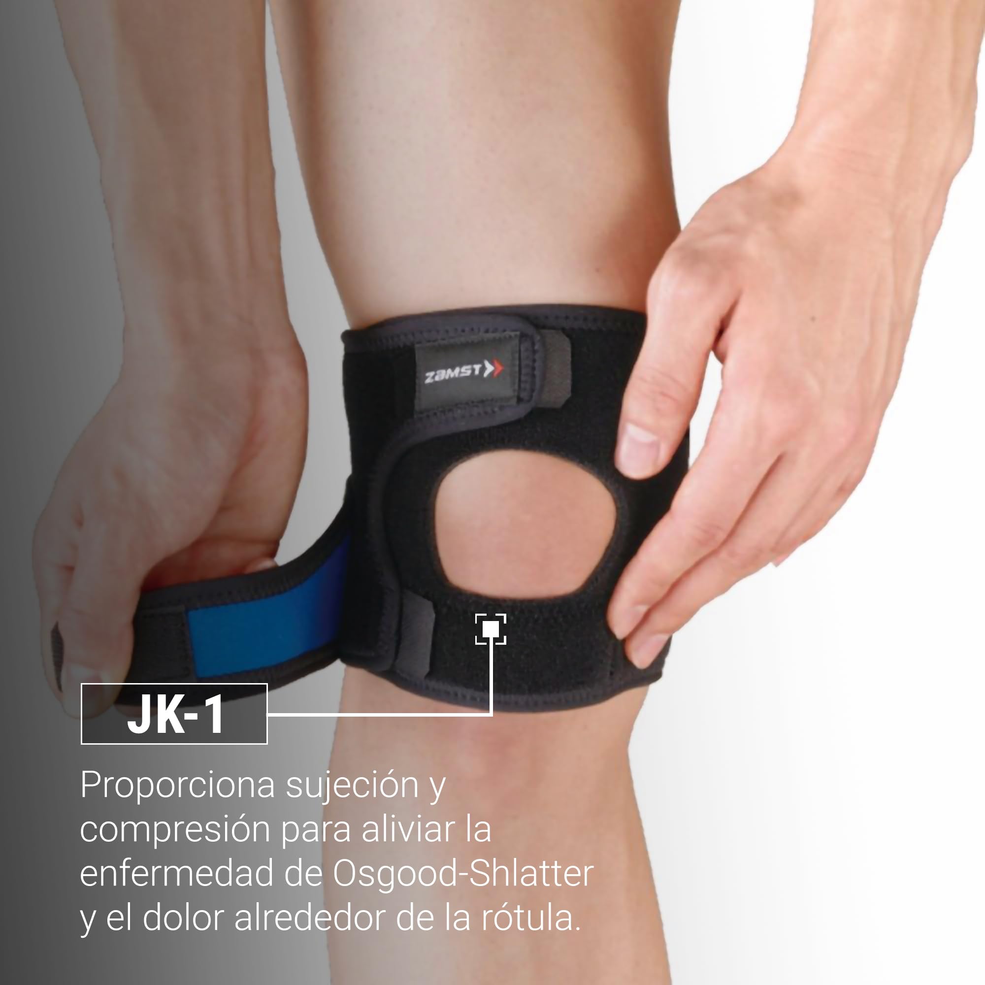 Zamst JK-1 Rodillera Deportiva - Rodillera de Compresión Ajustable para Hombres, Mujeres y Niños con Almohadilla de Presión para Dar Apoyo Bajo la Rodilla, para Dolores de Salto y de Crecimiento - M