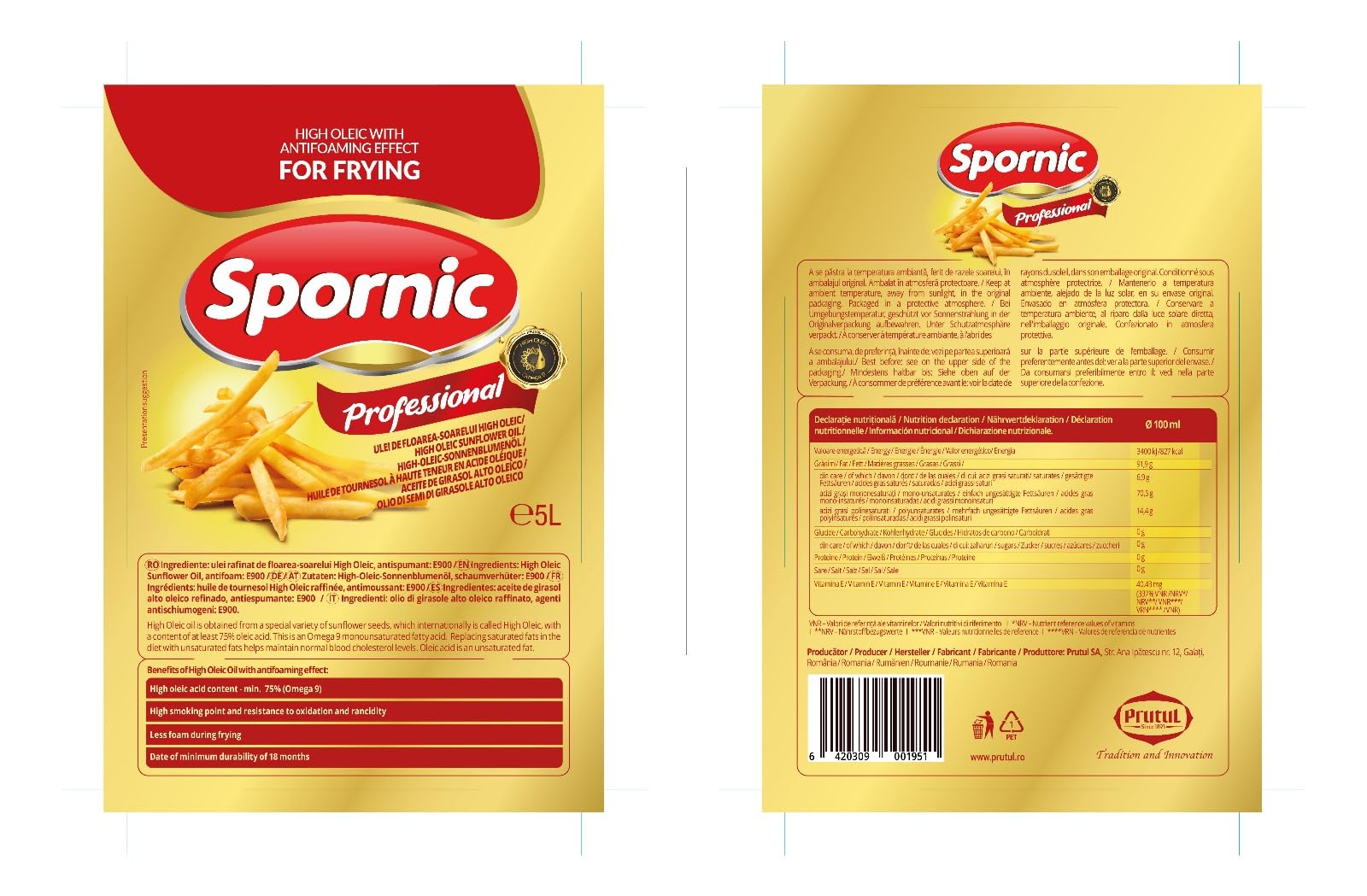 Huile de tournesol professionnel SPORNIC - Carton de 2 bidons de 5 L - Idéale pour la friture - Haut taux d'acide oléique - Résiste à des températures jusqu'à 250 degrés
