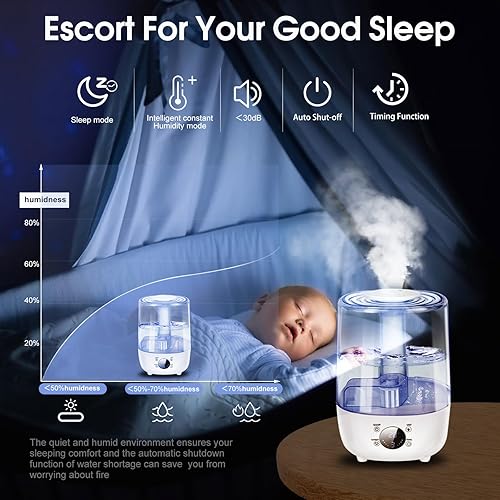 Miniatura 3 de ITMIAYA Humidificador ultrasónico de 4 litros para dormitorio, humidificador ultrasónico de niebla fría de 30 dB 40 H, llenado superior, control