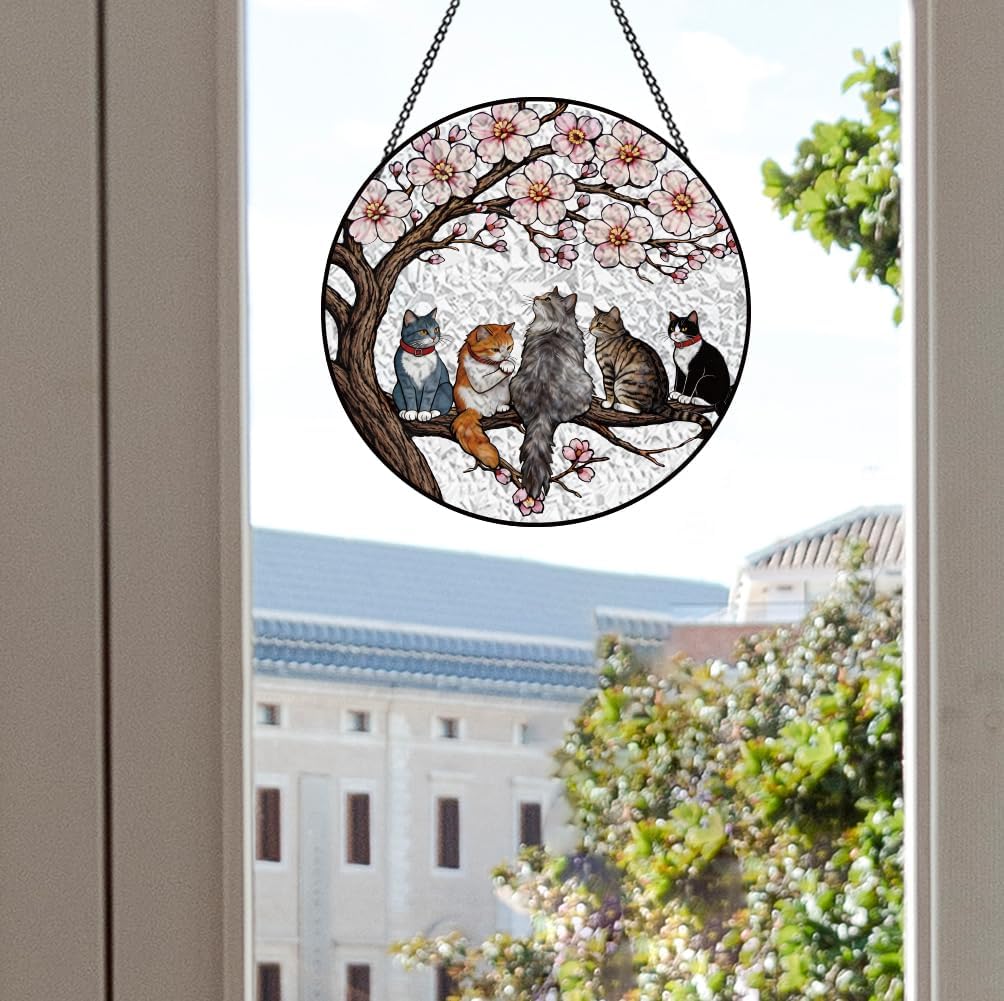 PLIGREAT Tree Branch Cat Stained Glass Window Hanging, Round Painted Stained Suncatcher 7.87" Glass Panel Sun Catchers for Garden Home Outdoor Indoor Art Decor Wall Hanging Ornament Women Men Gift image 4