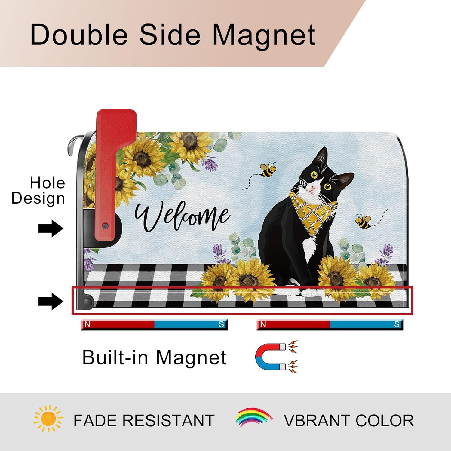 Sunflower Cat Bee Mailbox Cover Magnetic Standard Size 21x18 Inch Spring Summer Seasonal Decorative Post Letter Box Wrap Decor Garden Yard Decoration