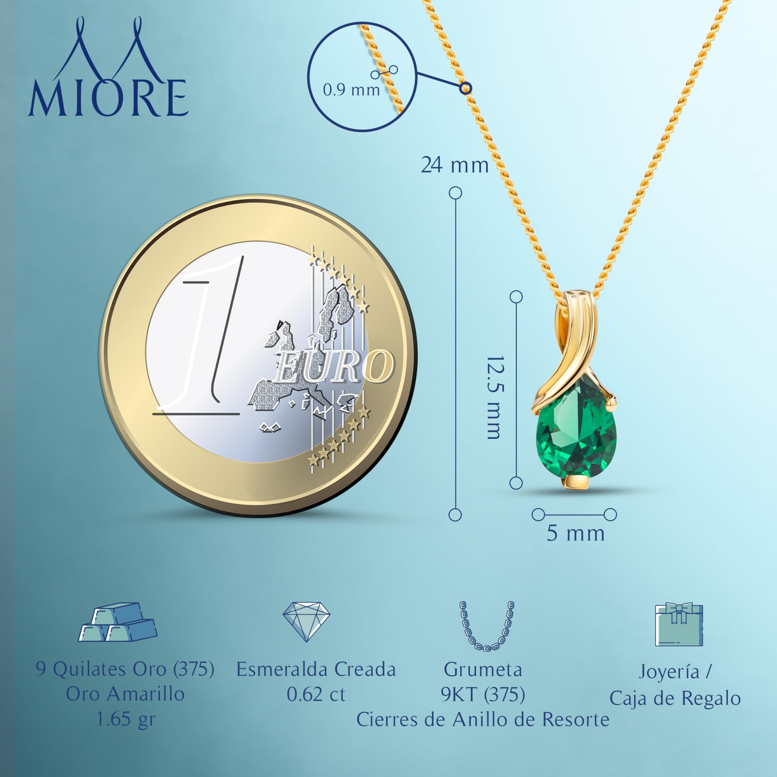 MIORE - Collar para mujer de oro blanco y oro amarillo de 9 quilates, 375, colgante de piedra preciosa, pera aguamarina, amatista, topacio, zafiro, rubí, cadena esmeralda 45 cm con caja de joyería