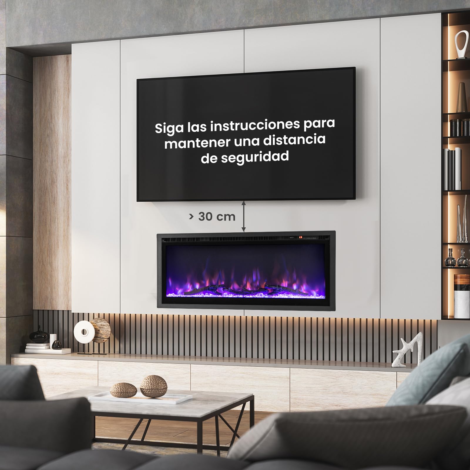 COSTWAY Chimenea Eléctrica de 91,5cm Empotrable en Pared, 750W/1500W Calentador con Control Remoto, Color y Brillo de Llama Ajustables, Termostato, Protección contra Sobrecalentamiento