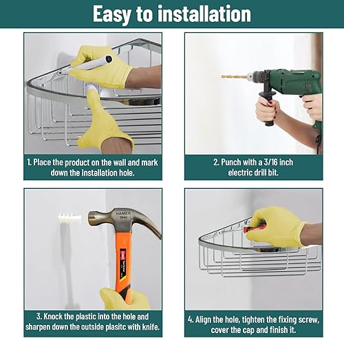 Miniatura 7 de Organizador de ducha de acero inoxidable para montaje en pared, gancho individual y toallita de baño, estante de ducha de esquina resistente al agua