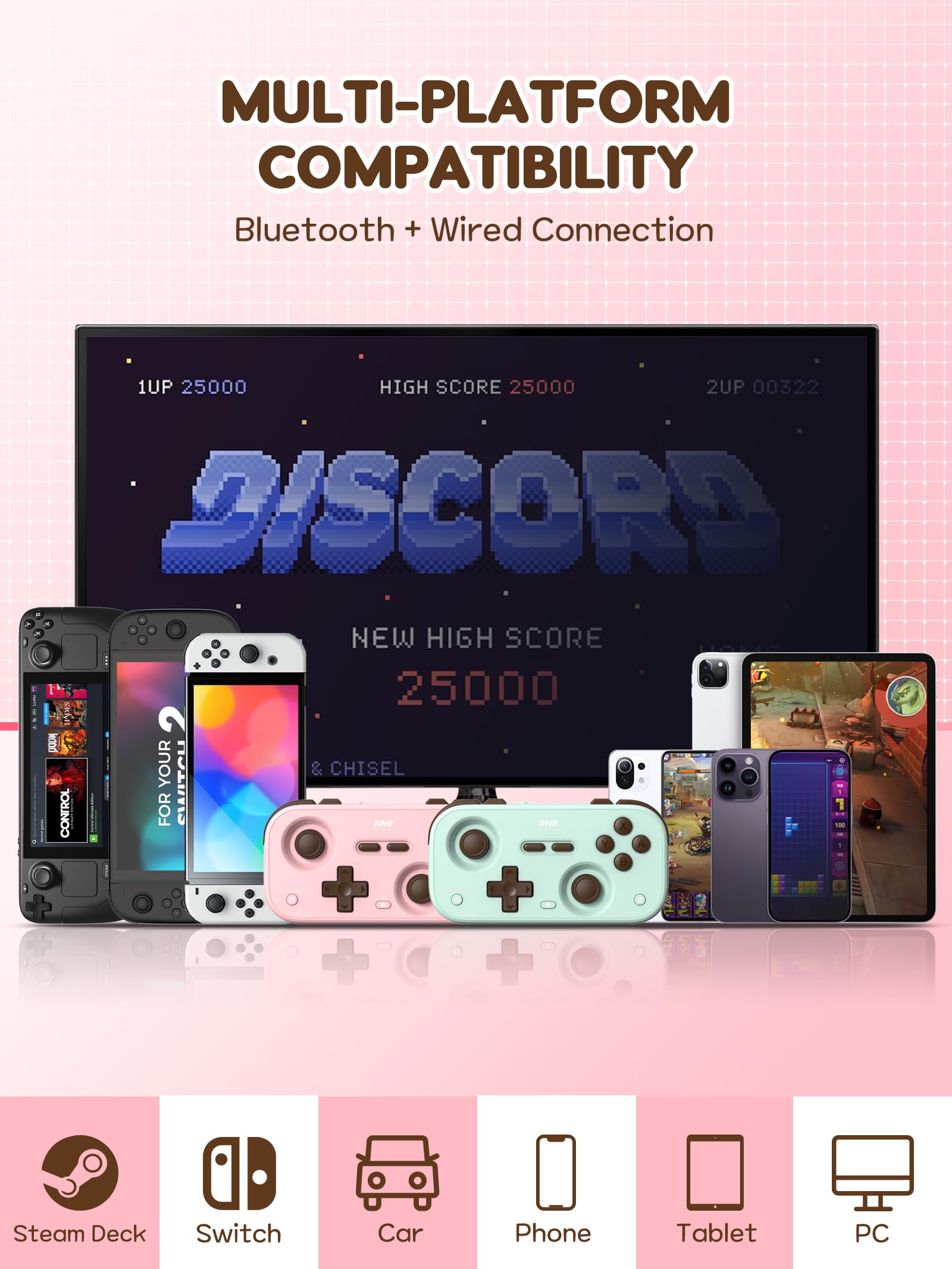 IINE Retro Pocket Game Controller with Hall Effect Joysticks, Switch 1 & 2 Compatible, Wireless Gamepad for Steam Deck, PC, Android, iOS, Customizable D-Pad, Vibration & Motion Control (Mint Choco)
