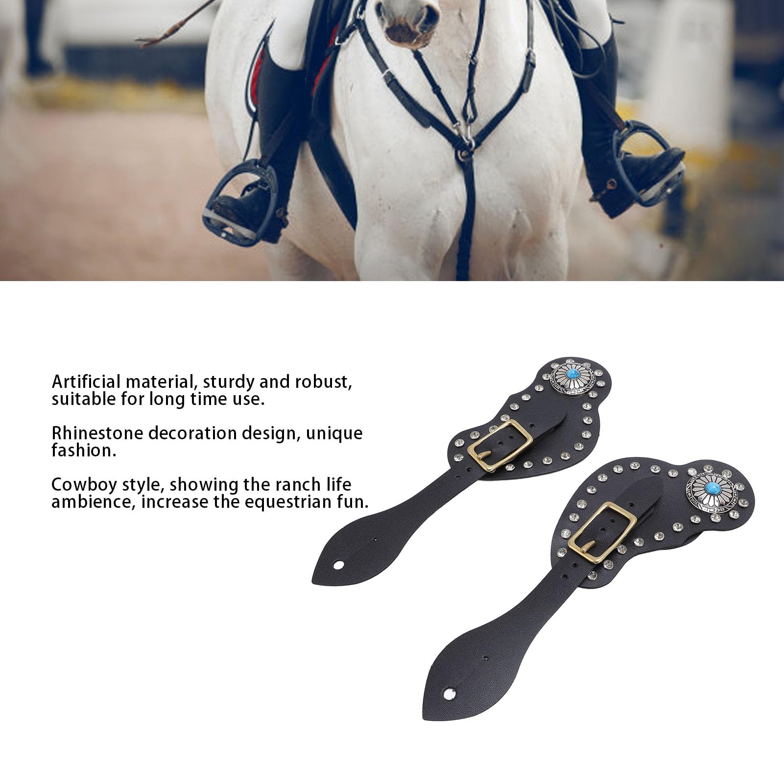 2Pcs Leather Westerns Spur Straps for Cowboy, Double Ply Reinforced Stitching Spur Straps, Spur Strap Set Artificial Leather Rhinestone Decorations Adjustable Spur Holders (Black)