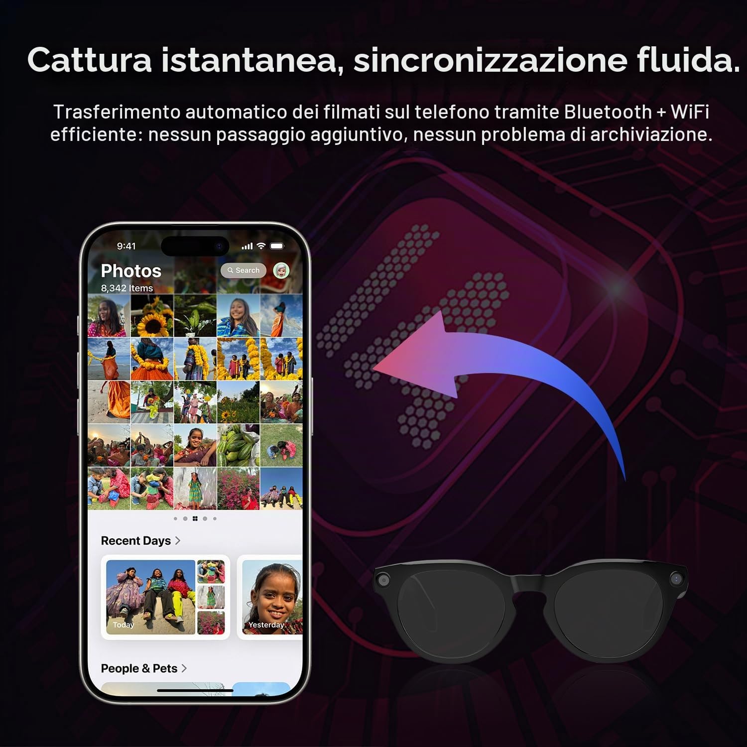 GenXenon Occhiali Connessi Con IA, Occhiali-Camera HD 8 MP – 220 mAh, Video 1200P, Scatto Di Foto E Video, Traduzione In Tempo Reale, Occhiali-Camera Per Ciclismo, Escursionismo E Viaggi.