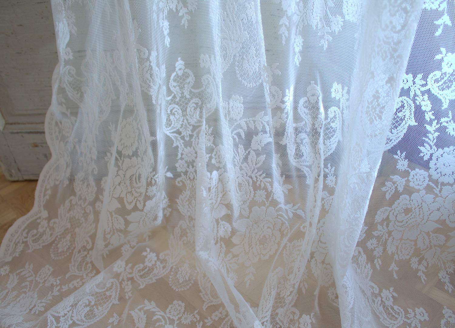 Offwhite Lucia Vorhang Spitzen Gardine Rosen 120x240 cm 2 Stück Gardinenshals Landhaus Shabby Vintag