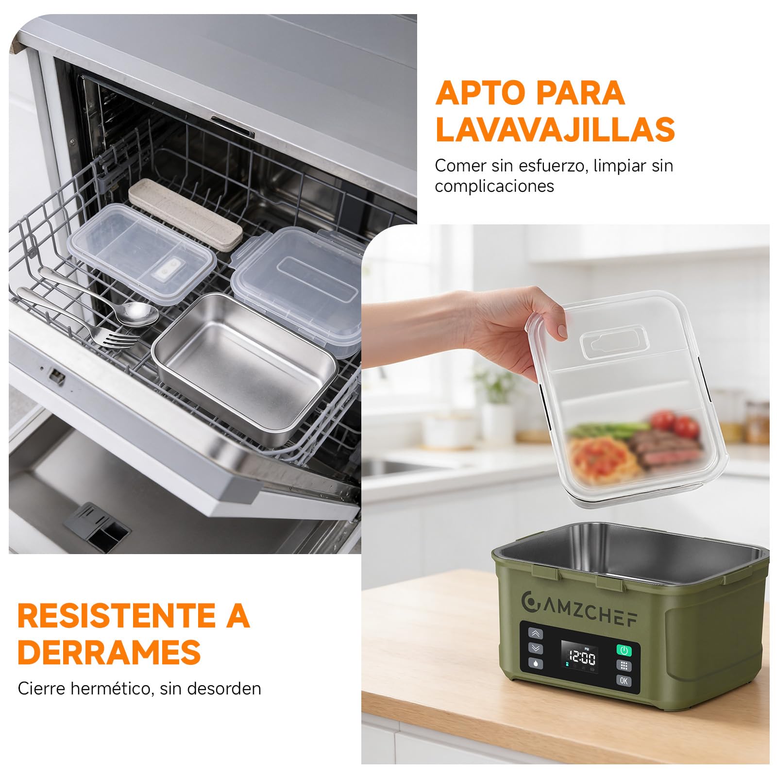 AMZCHEF Fiambrera Electrica de 1,5 L - taper electrico para comida de 27 000 mAh, calentamiento en 5 caras, función de calentamiento instantáneo, con reloj y memoria, recarga rápida (verde) | Fiambrera portátil de 1,5 l con calentamiento instantáneo, func