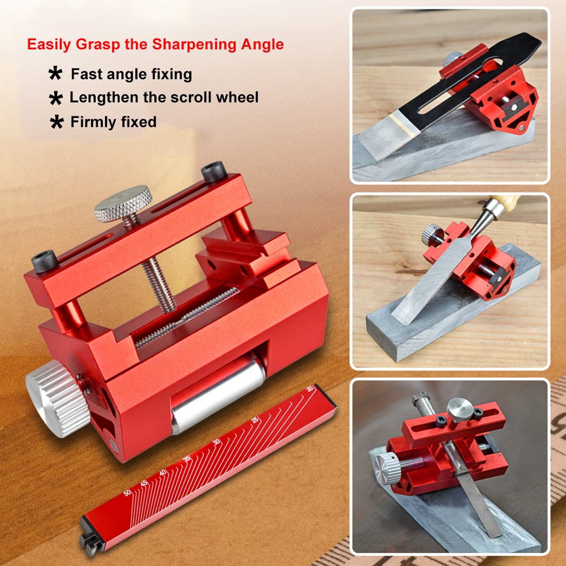 N&S Juvyig Guide d'affûtage - Support d'affûtage de pierre à aiguiser pour le travail du bois - Aiguisoir à angle réglable pour ciseaux et rabots (rouge)