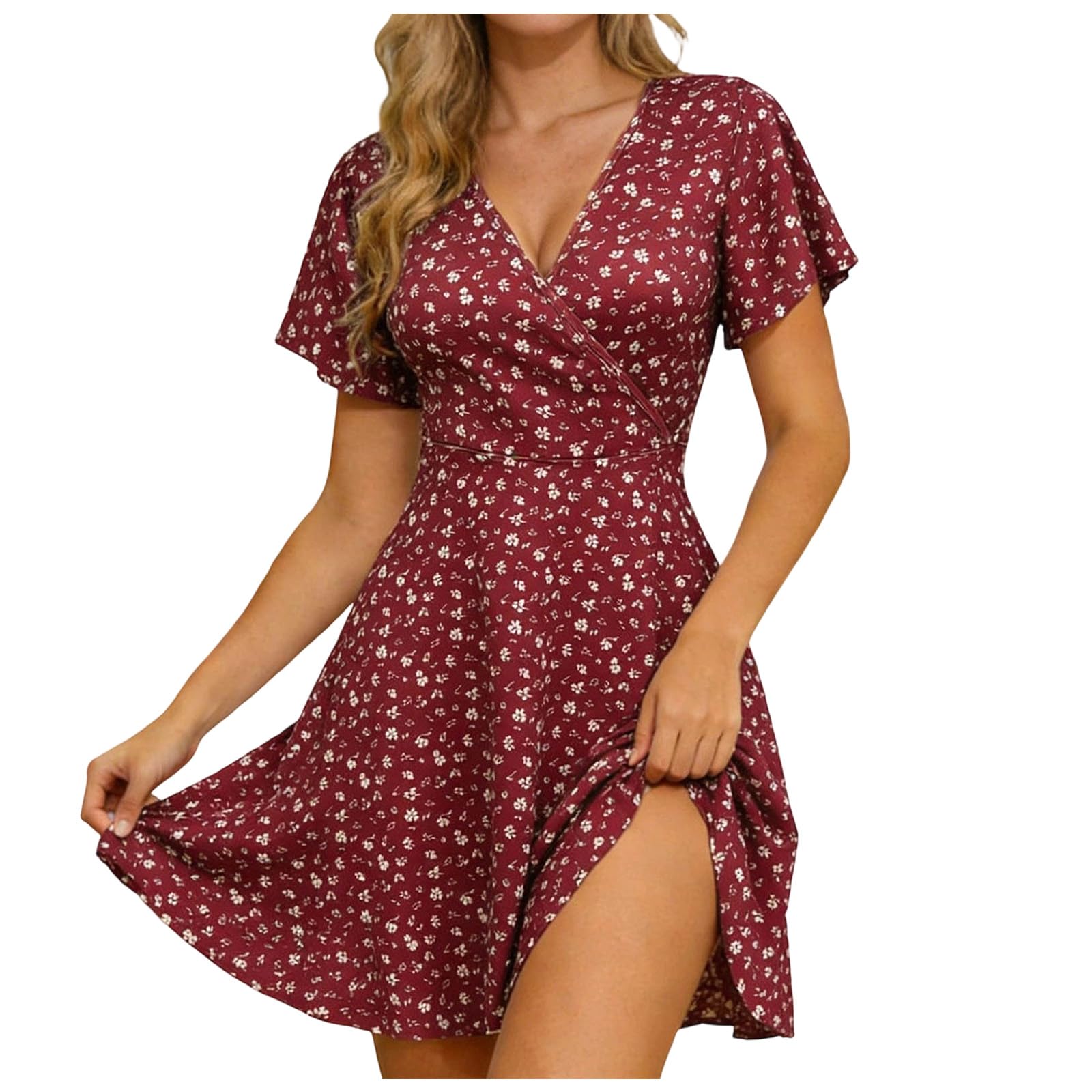 Vestiti Donna Estivi Lunghi Abito Estivo da Donna, Lunghezza al Ginocchio, Maniche Corte, Fantasia Floreale, Scollo a V, Elegante Abito con Laccetti, Casual, Bohémien, a Vestito Estivo Leggero
