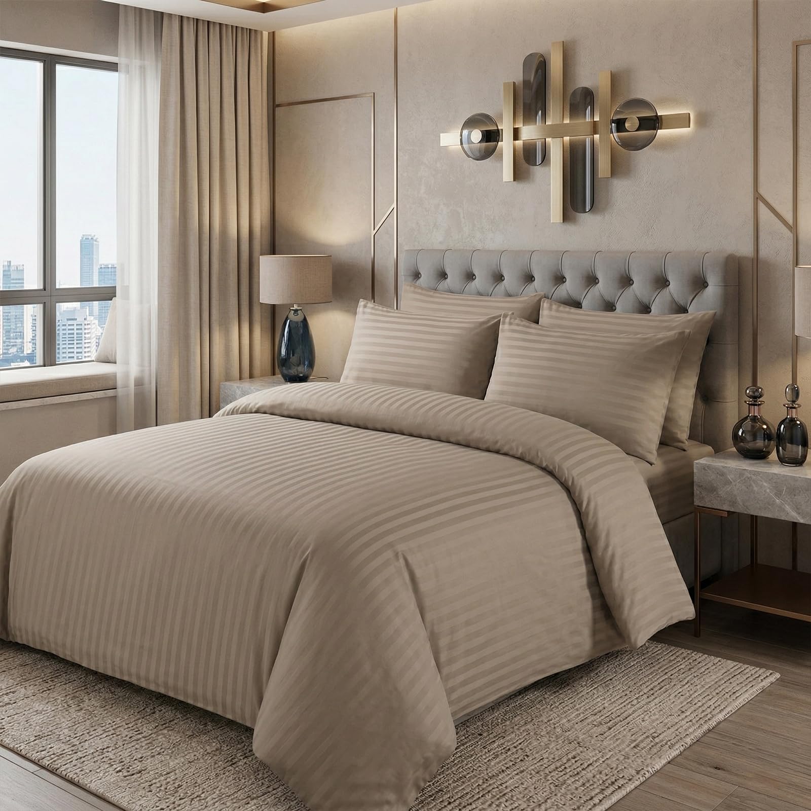 M&J Home 3 Piece Satin Stripe 200 Thread Count 100% Cotton Duvet Cover Set Natural Double - Includes Duvet Cover & Pillowcase(s) โ image 1