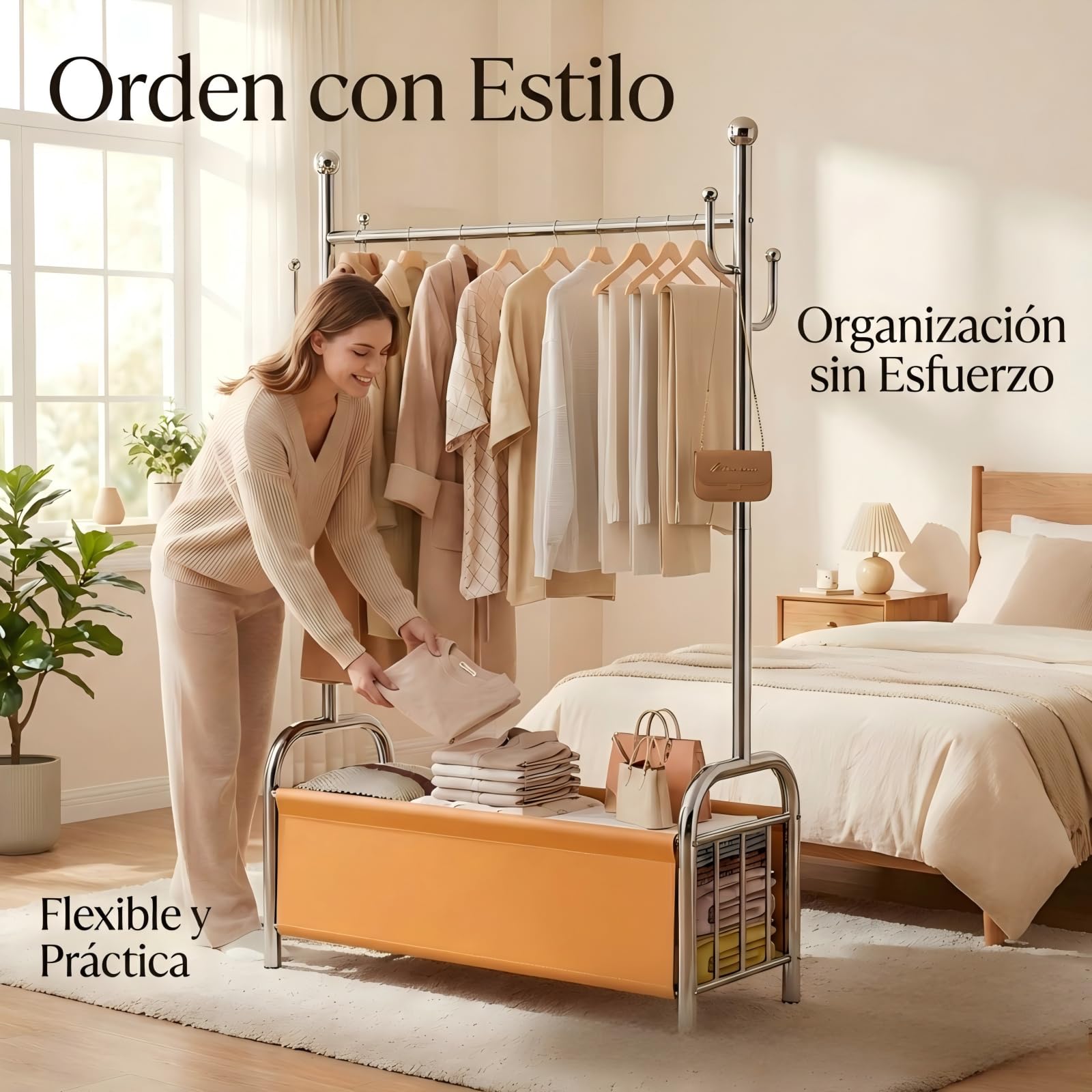 Burro Ropa Resistente de Acero Inoxidable con Cesta de Almacenaje, Perchero Burro Estable, Perchero de Pie, Barra para Ropa Robusta, 3 en 1 Tendedero y Organizador