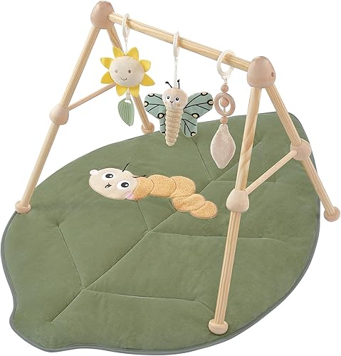 Tapete de madera 4 en 1 para gimnasio y actividades para bebés, tapete de algodón suave para bebés de 0 años, con 3 juguetes desmontables para el