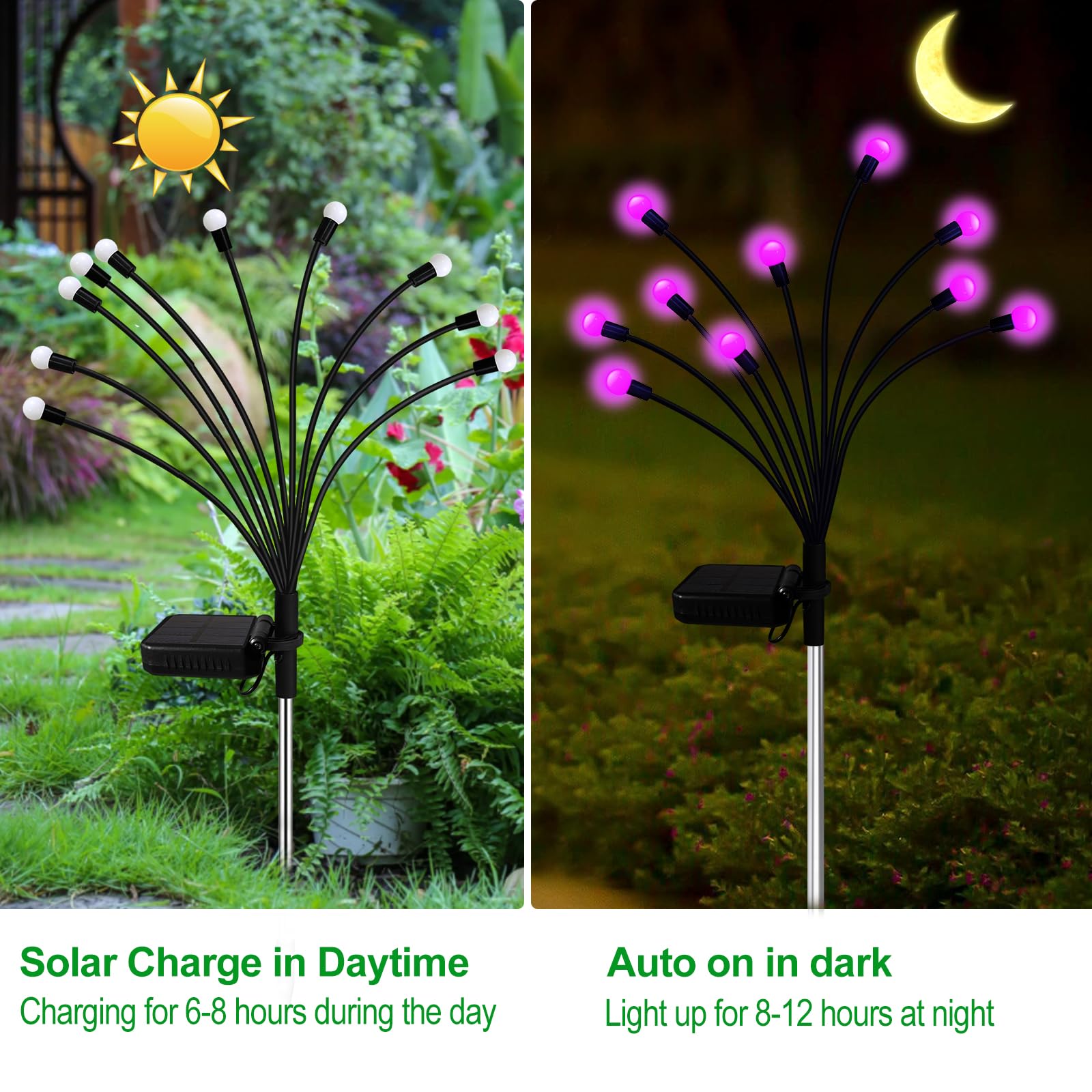 Kohlrabi Lot de 2 lampes solaires de jardin à 10 LED étanches à effet luciole pour extérieur, cour, patio, allée, décoration d'Halloween et de Noël
