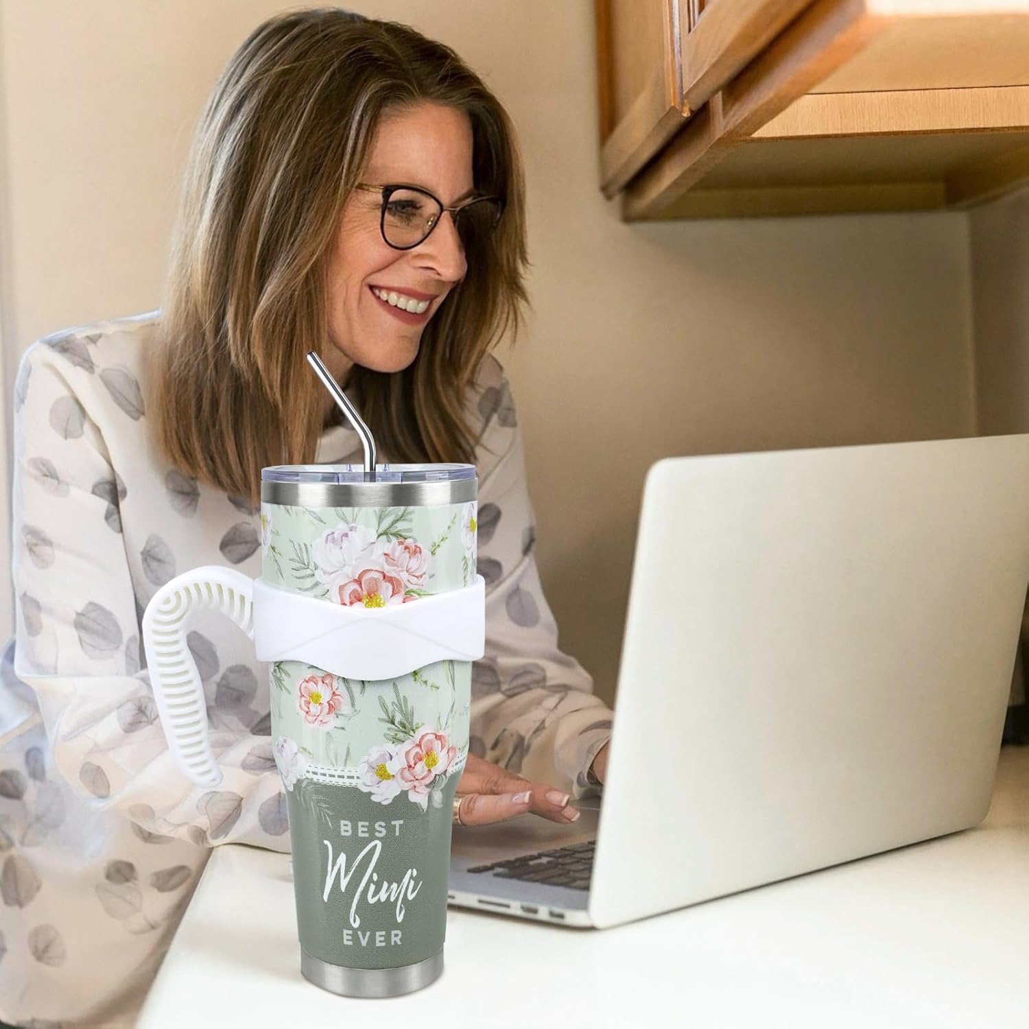 Mimi Tumbler 40oz, Mimi Cup Coffee Mug Tumbler with Handle and Straw, Mimi Gifts from Grandchildren, Mimi Gifts for Mimi Birthday Mothers Day Christmas Anniversary, Best Mimi Ever,Sage Green Floral - Image 4