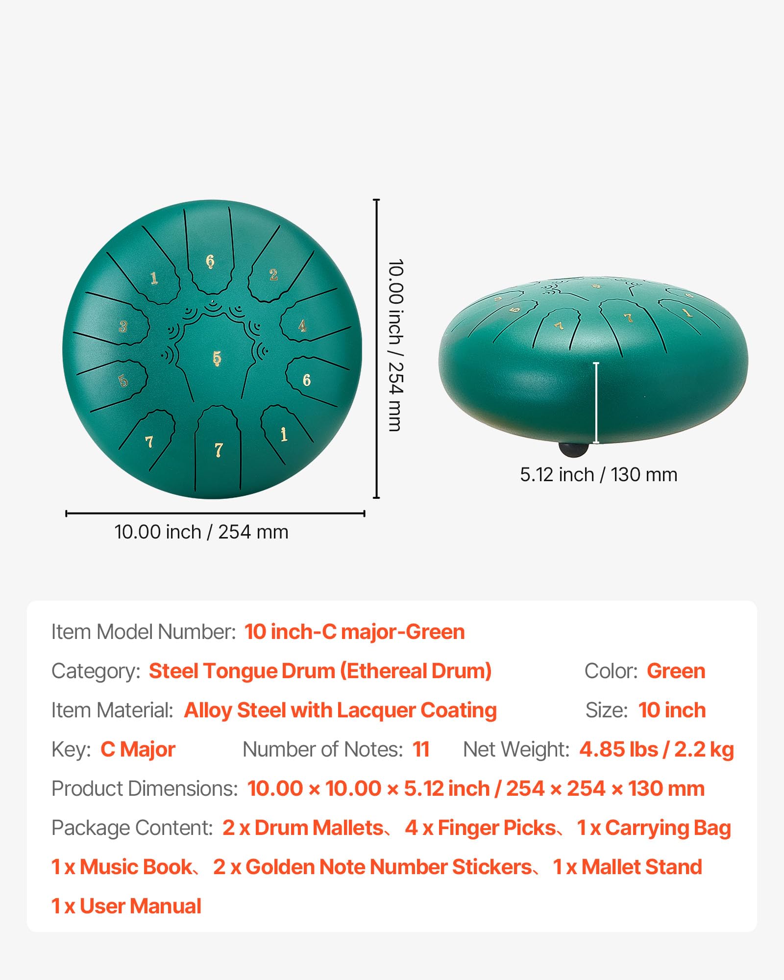VEVOR Tambour à Langue en Acier 25,4 cm 11 Notes Tambour de Pluie Do Majeur avec Livre de Partitions et Mailloches Instrument de Percussion pour Méditation Yoga Éducation Initiation Musique, Vert