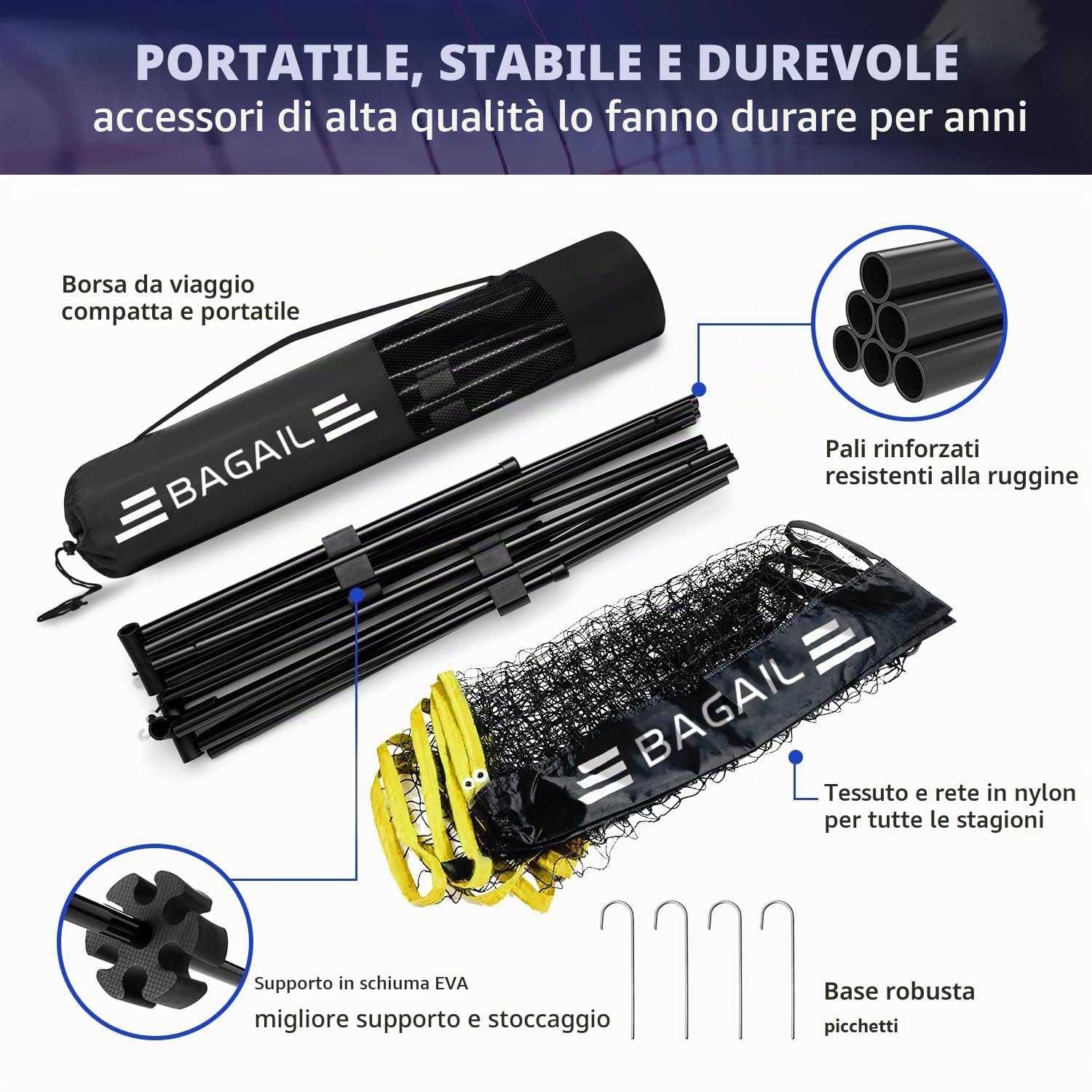 BAGAIL Badminton Net, Rete di Nylon Pieghevole, Supporto regolabile Hieght e Borsa da trasporto portatile, Facile da montare o smontare, Ideale rete sportiva ricreativa per tennis, Badminton.