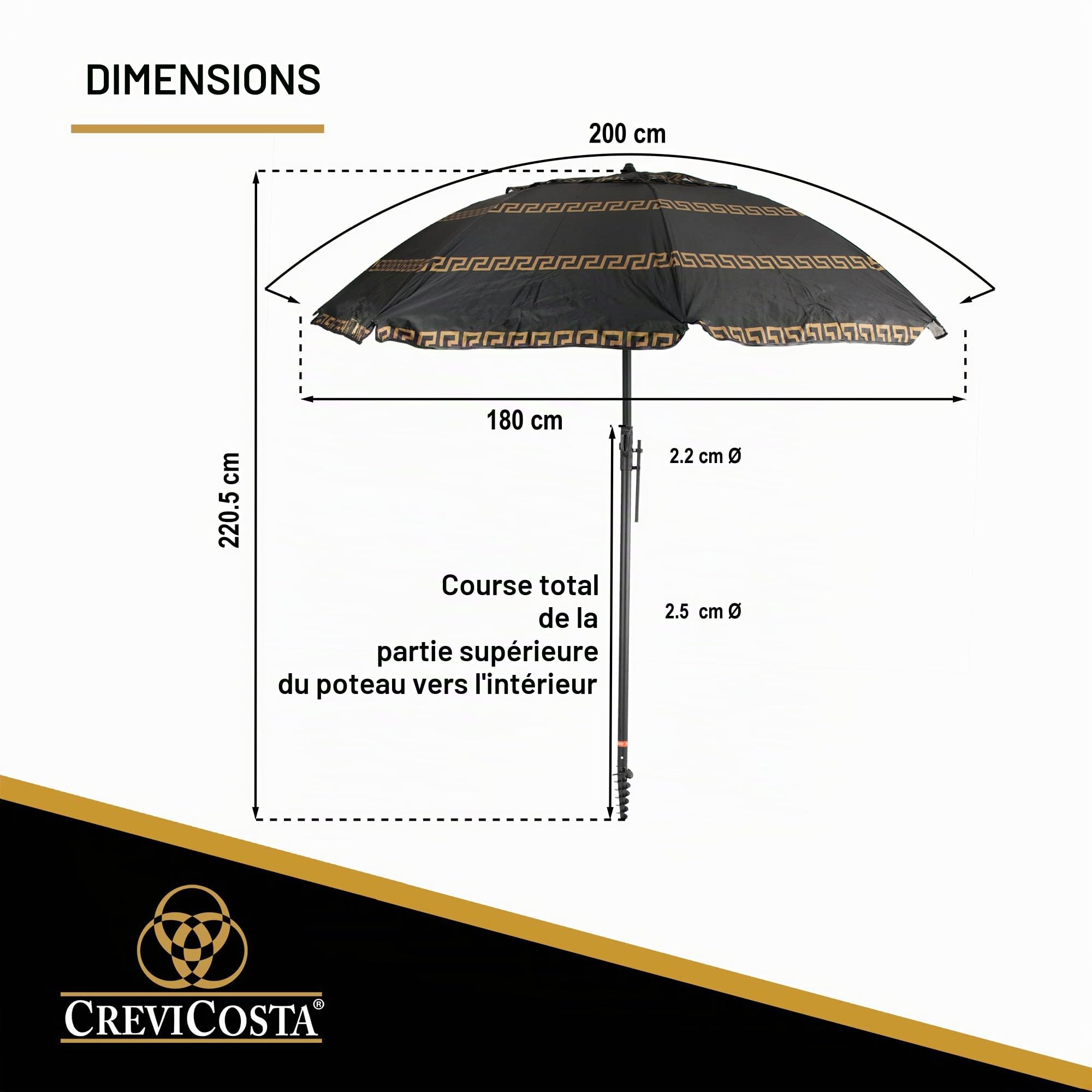 CREVICOSTA QUALITY MARK MARCAS DE CALIDAD Parasol de plage modèle olympienne noir 200cm avec spirale et poteau de voyage total. 8 tiges. Protection totale contre les rayons UV, Olympia noir, 200 cm