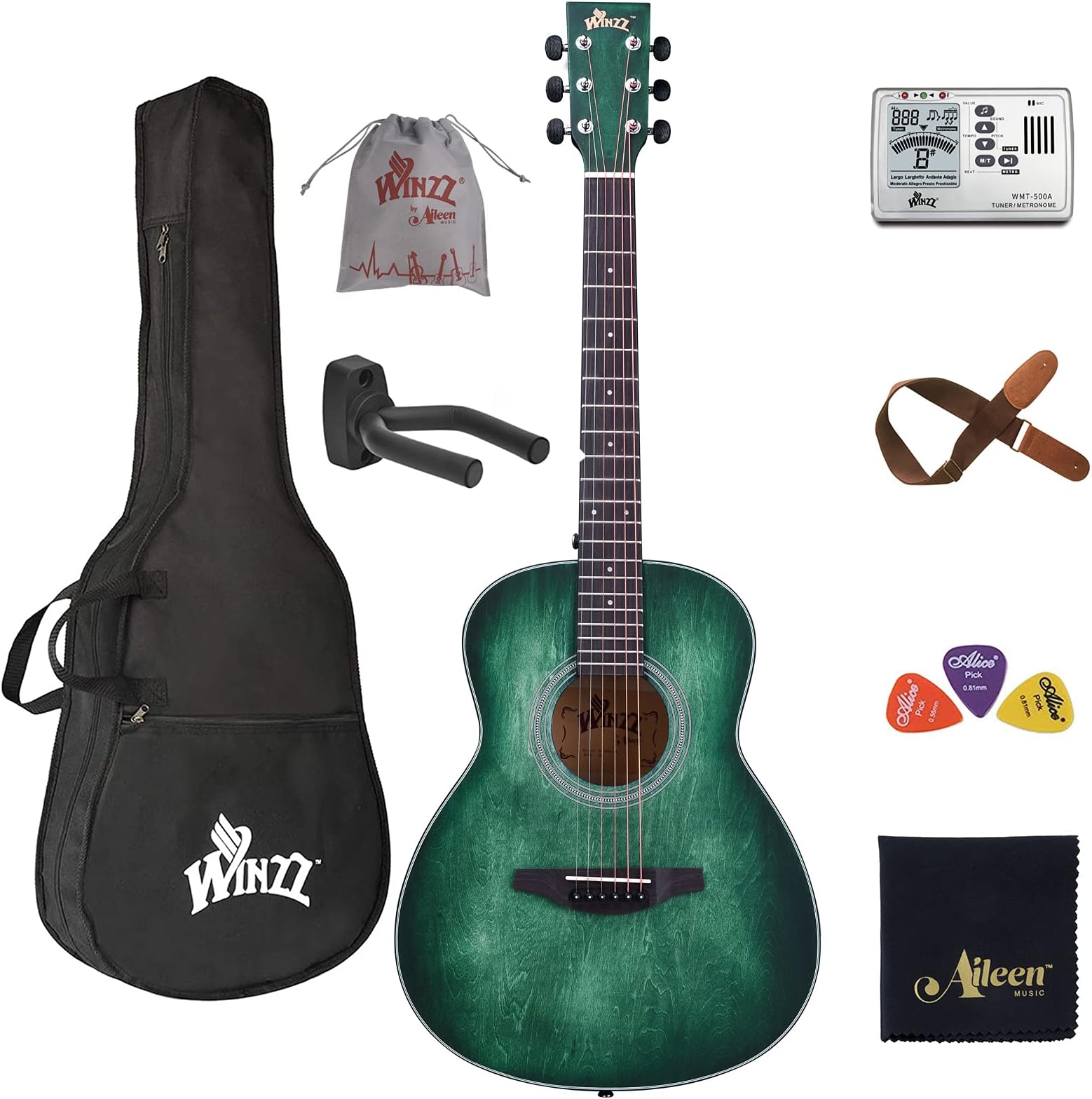 WINZZ HAND RUBBED Series - Left Handed 36 Inches 3/4 Acoustic Guitar Travel Bundle with Bag, Metronome Tuner, Wall-mounted Hanger, Strap, Picks & Cleaning Cloth, Dark Hunter Green