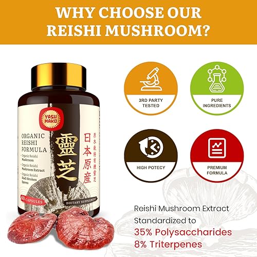 Miniatura 6 de Suplemento japonés de hongos Reishi de 800 mg con extracto de hongo Reishi 500 mg y esporas rotas de cáscara Reishi de 200 mg, cápsulas orgánicas de