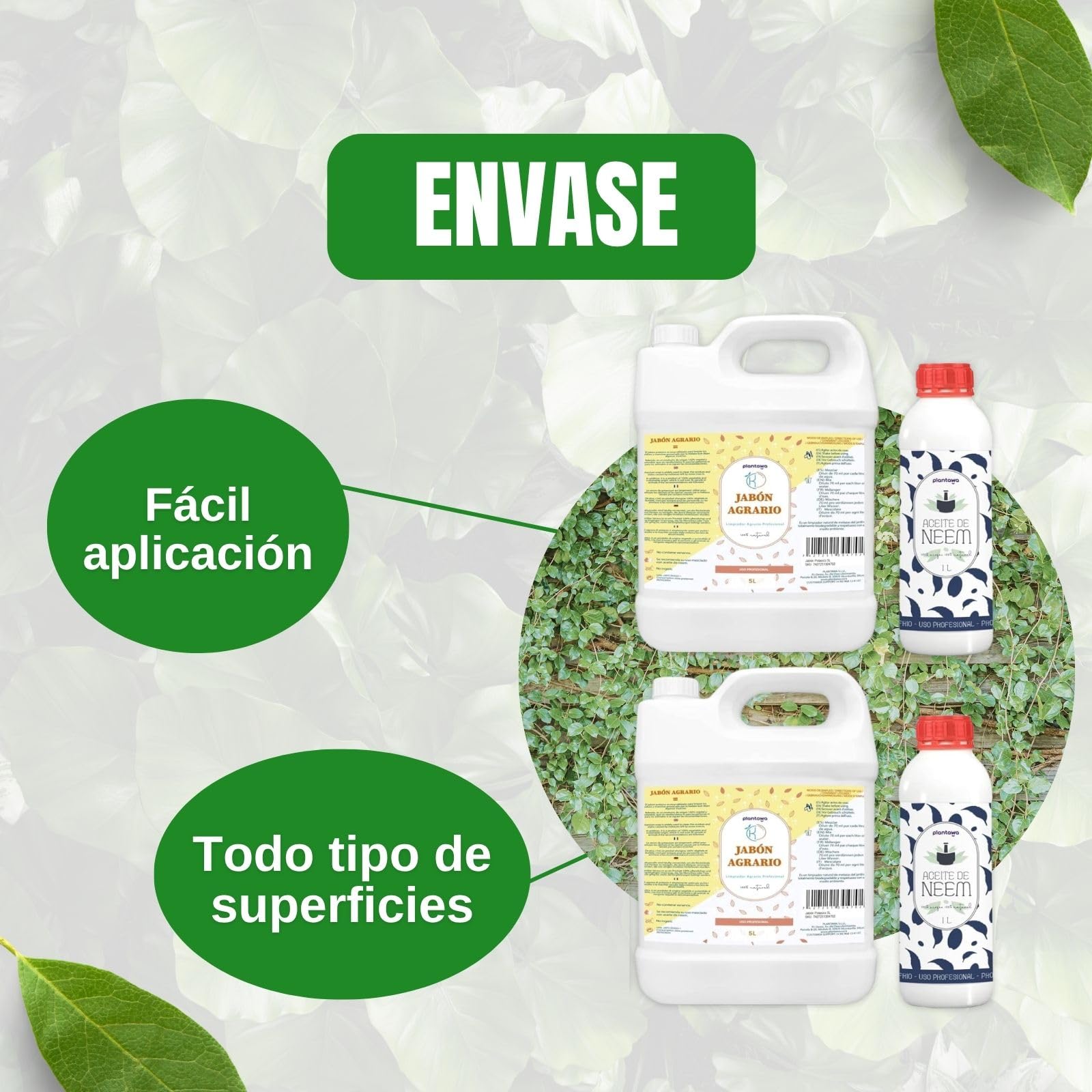 PLANTAWA Pack Jabón Potásico 2x5L + Aceite de Neem 2x1L | Solución Multiusos | Fácil Aplicación y Máxima Eficacia | Versátil | Uso en Interior y Exterior | Productos de origen natural