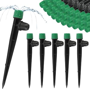 50PCS 1/4 Drip Irrigation Drippers with Lock, Kalolary Drip Irrigation Emitters for 4/7mm Tube, Adjustable 360 Degree 8 Holes Water Flow Sprayer Micro Spray Drip System Parts for Lawn Yard Green