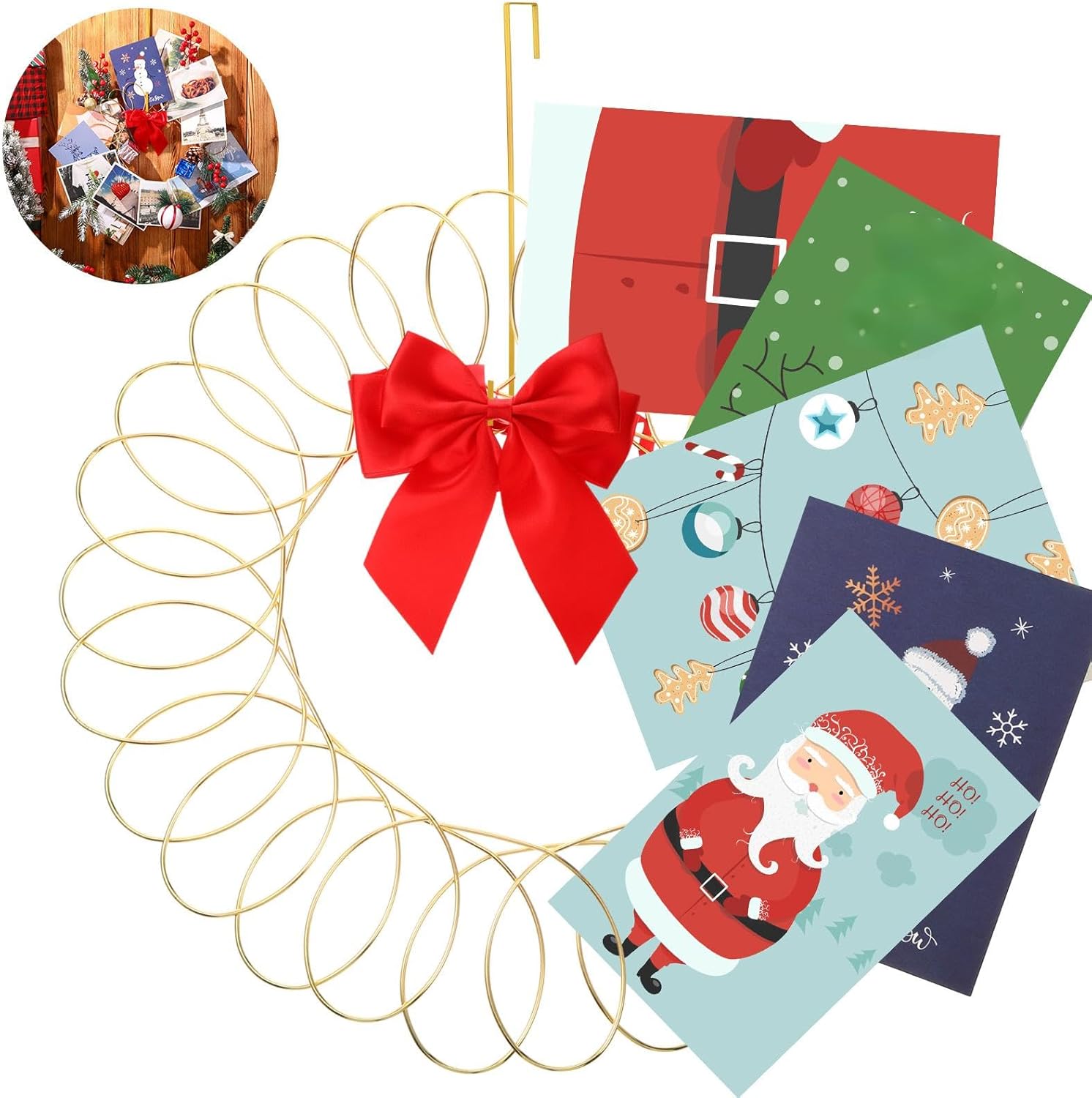 MorningRo 2 Set 6 Pcs Gold Christmas Card Wreath Holder for Front Door 13'' Spiral Metal Christmas Card Holder Display Set Xmas Greeting Photo Display with Red Bow Door Hanger for Home DIY Craft Decor