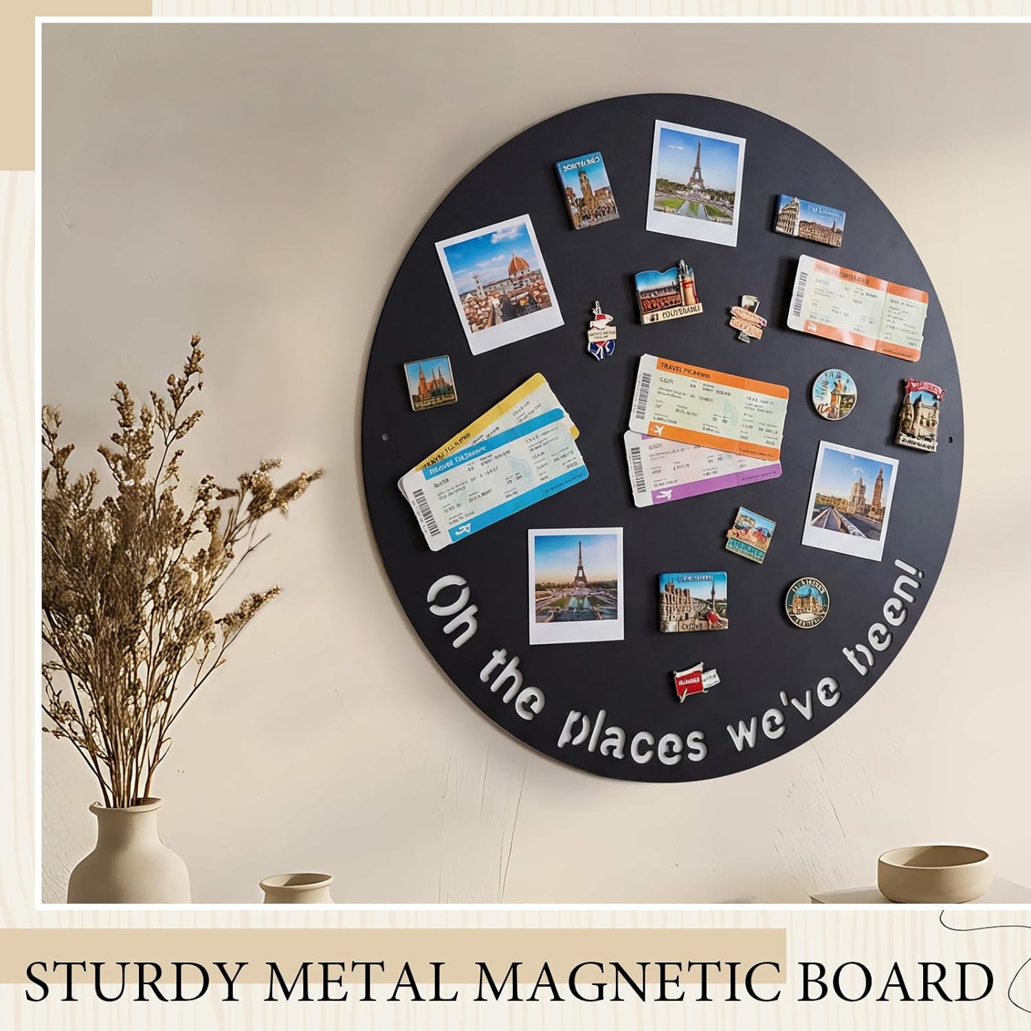 BreezeHug Board for Travel Magnets, 38" Round Metal Magnetic Custom Board for Souvenir Magnets, Photos & Keepsakes, Decorative Travel Memory Wall Art, Heavy-Duty Metal Panel Gift for Travelers