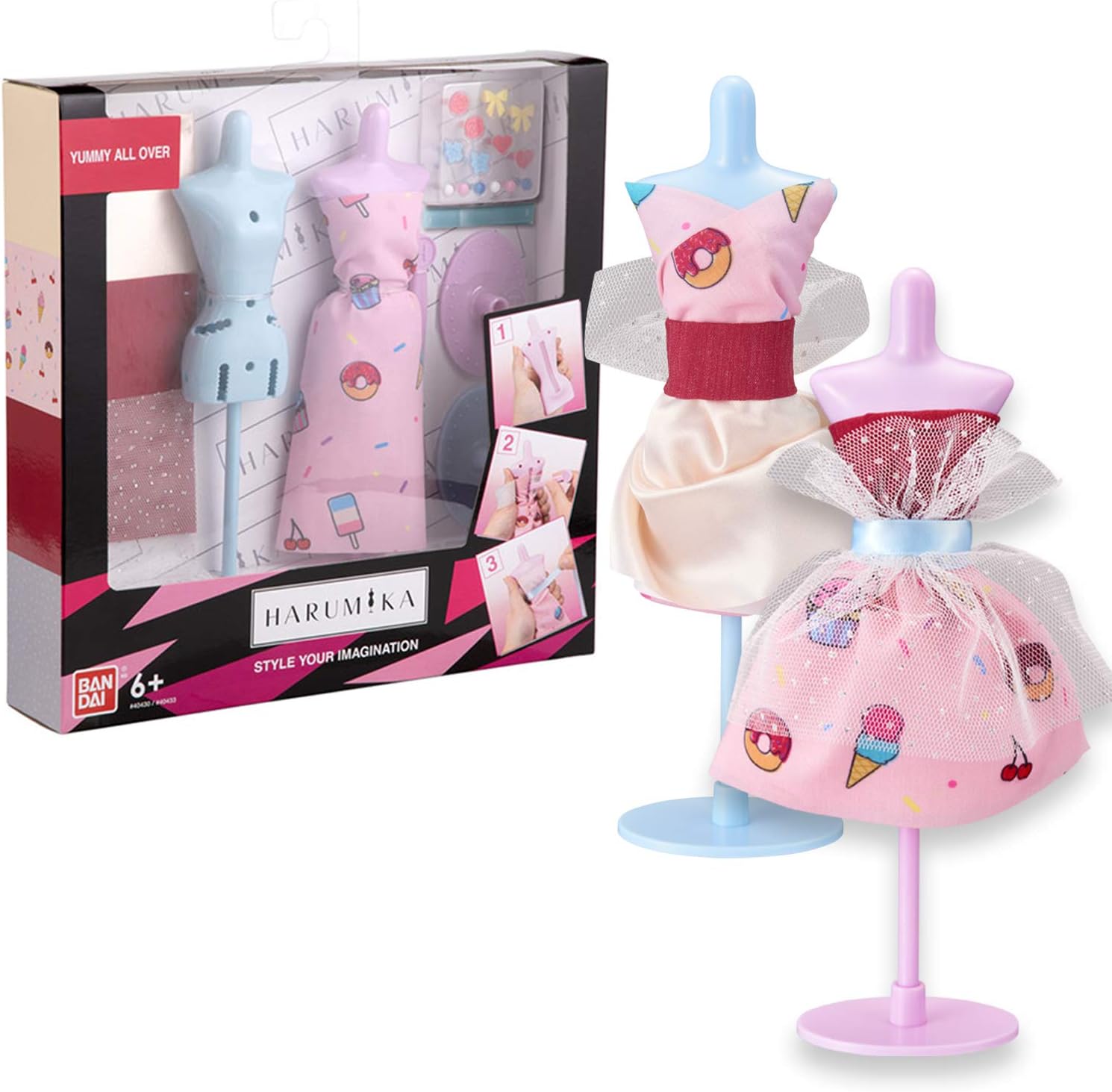 BANDAI 40433 Harumika Fashion Design for Kids-Craft Your Own Catwalk Looks with This Creative Kit-Double Torso Set-'Yummy All Over' Style Includes Reusable Mannequin, Fabric and Accessories
