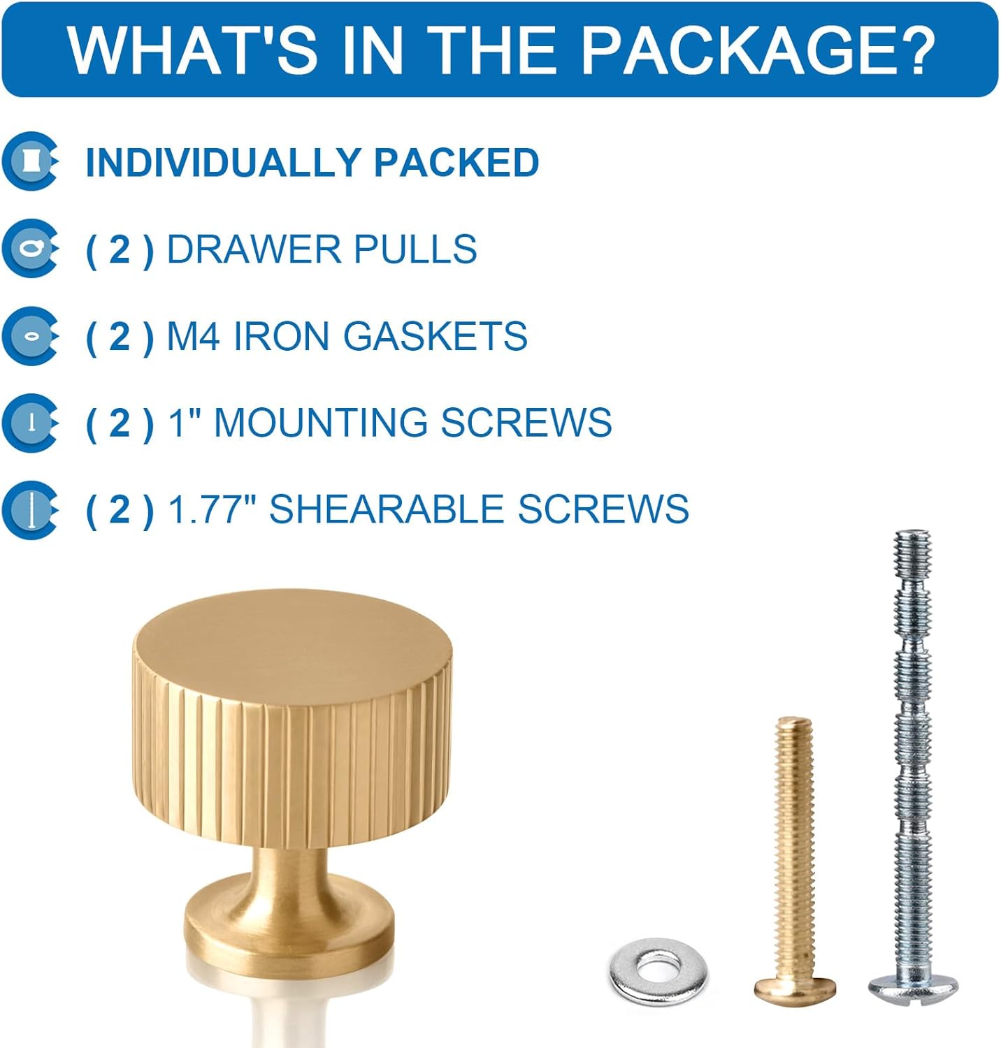 WEAVERBIRD 2Pcs Solid Brass Cabinet Knobs Pulls, Drawer Dresser Knobs, Brushed Brass Cabinet Pulls