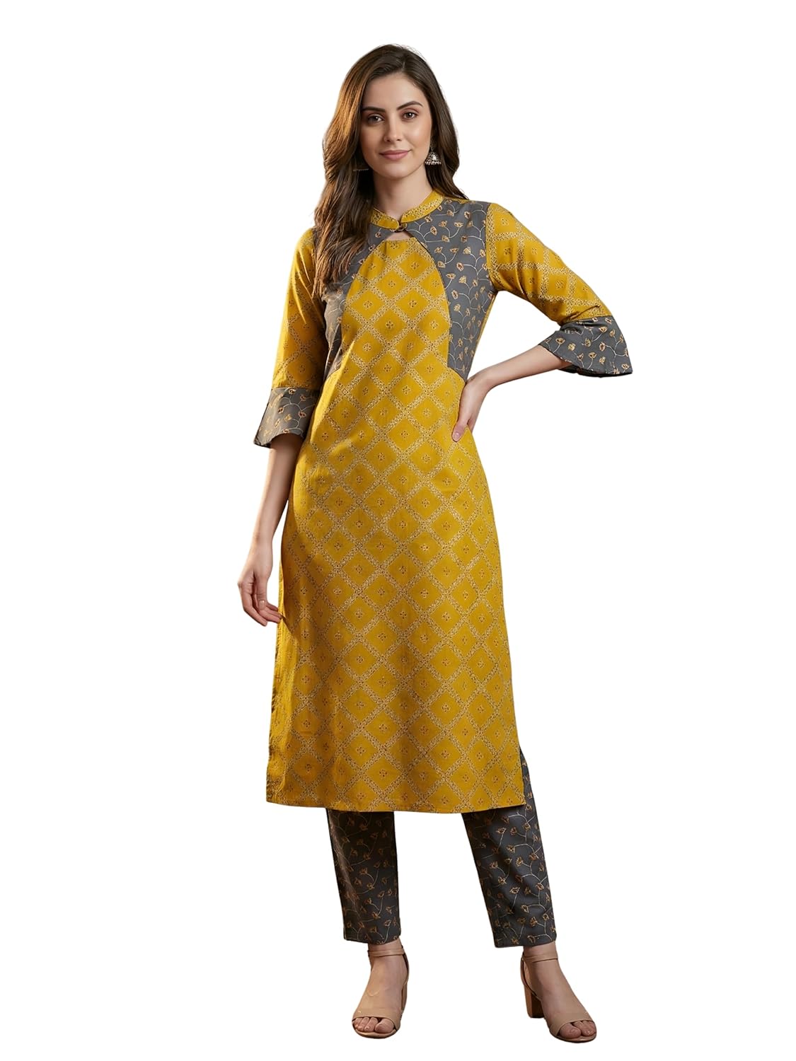 Yash Gallery Women’s Cotton Floral Embroidered Kurti Set With Lehariya Pant & Dupatta – Yellow Ethnic Outfit