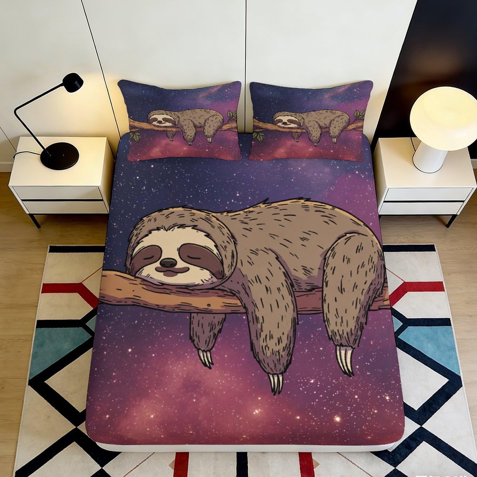 Jqzkxnhpbr Style-7 3D Printed Sloth Galaxy Fitted Sheet Microfiber Soft Breathable Cosmic Nebula Mattress Cover Bedroom Decor 90X200x25cm