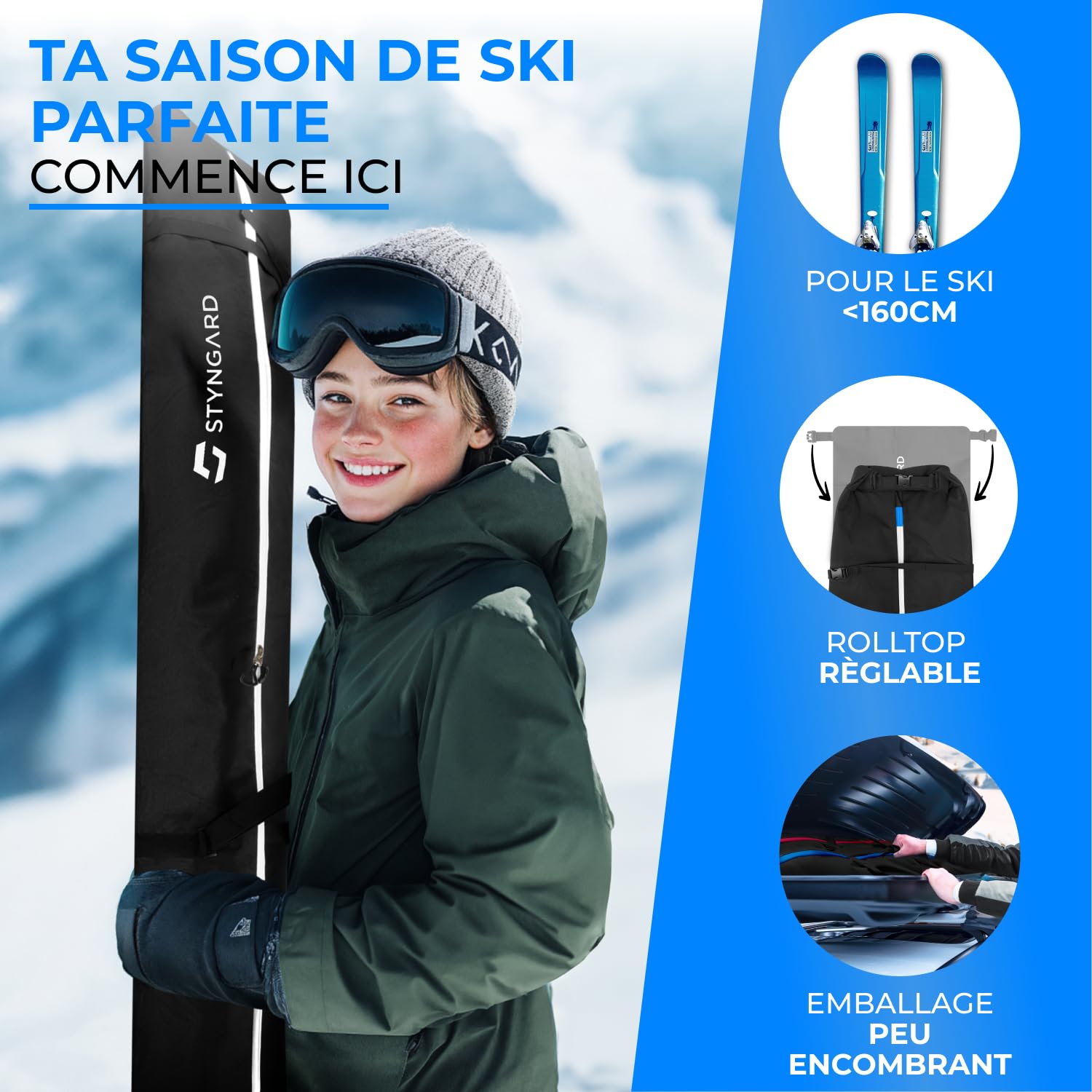 STYNGARD Andermatt Sac de Ski pour Enfant avec Haut Roulant [jusqu'à 160 cm] – Sac de Ski pour Enfant en matériau Robuste avec Fermetures éclair de qualité – Modèle Andermatt