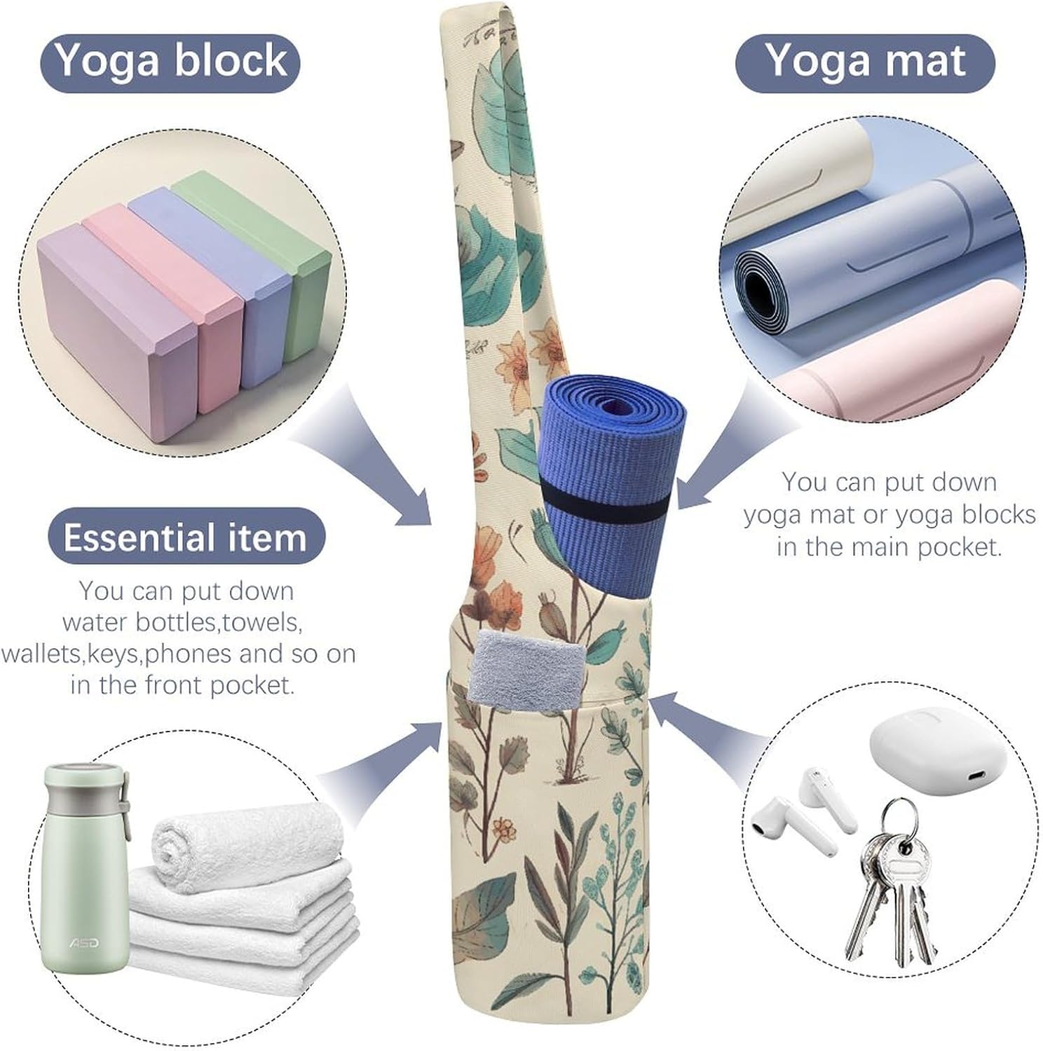 Canvas Yoga Bag,Flowers And Leaves Printed Yoga Mat Handbag,Portable Yoga Mat Bag Large Capacity Gym Bag for Men Women Pilates Beach Travel