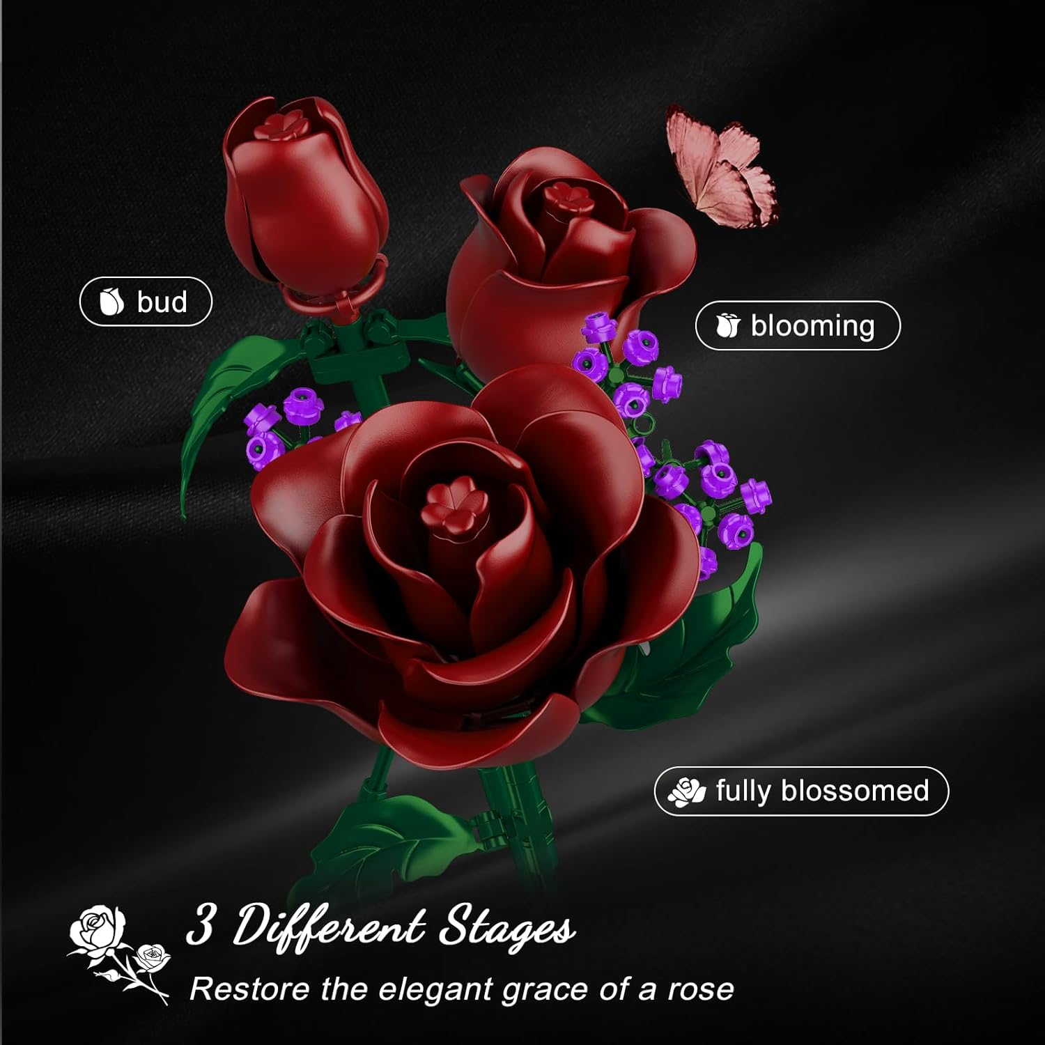 HOGOKIDS Flowers Bouquet Building Set - 15 Burgundy Roses Mother's Day Gfit for Mom, 330PCS Deep Red Rose Botanical Collection Building Blocks Artificial Flower Gothic Home Decor for Wife Adults Girls