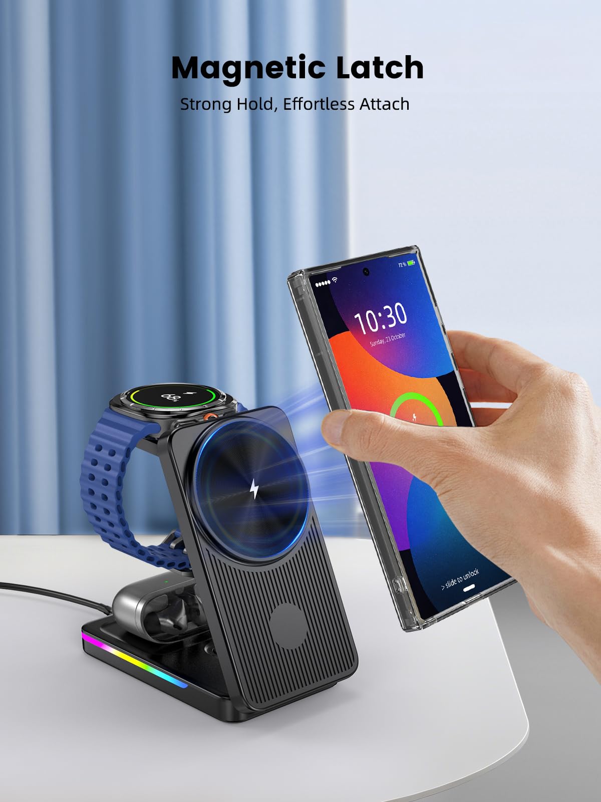Magnetyczna stacja ładująca do Samsung Galaxy S25 Ultra S24, Magsafe składana ładowarka do Samsung Galaxy Watch Ultra 8 7 6, 3 w 1, indukcyjna stacja ładująca ze światłem do Buds Pro 2 | MagSafe bezprzewodowa ładowarka składana do Galaxy S26 Ultra/S25/S24
