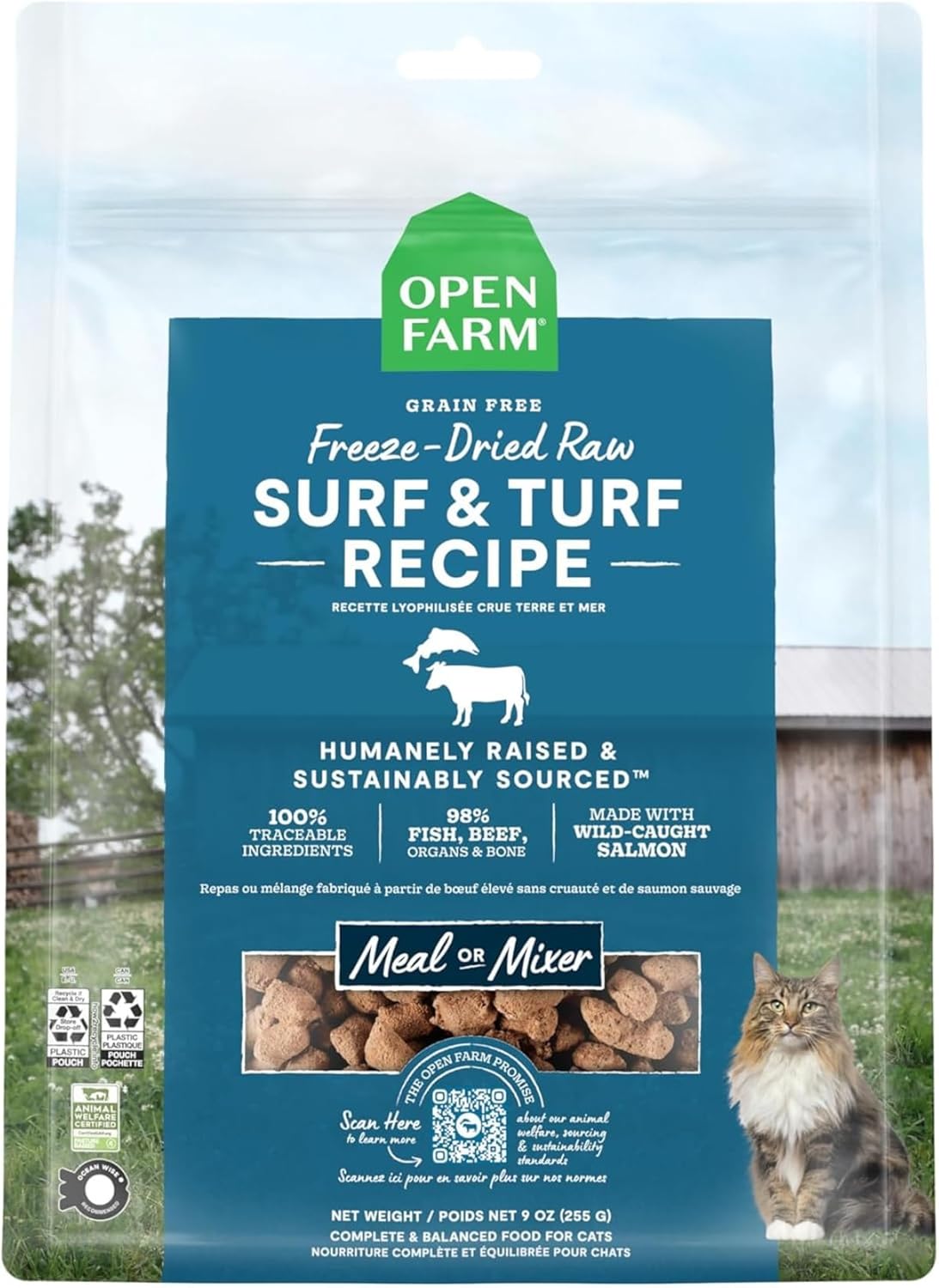 Open Farm, Freeze Dried Raw Cat Food, Complete Meal Morsels or Cat Treats with 92% Meat, Organs & Bone, Chicken & Salmon Recipe, 9oz Bag