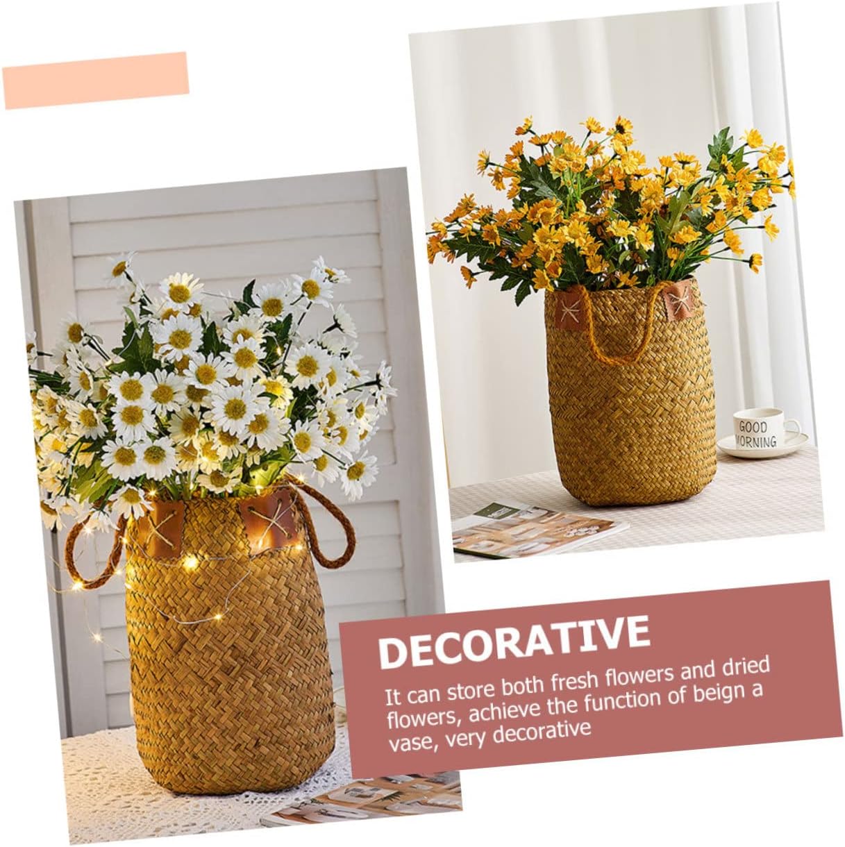 2pcs Rustic Hand Woven Flower Basket with Handle Versatile Storage for Home Decor Weddings and Floral Arrangements and Attractive Natural Design