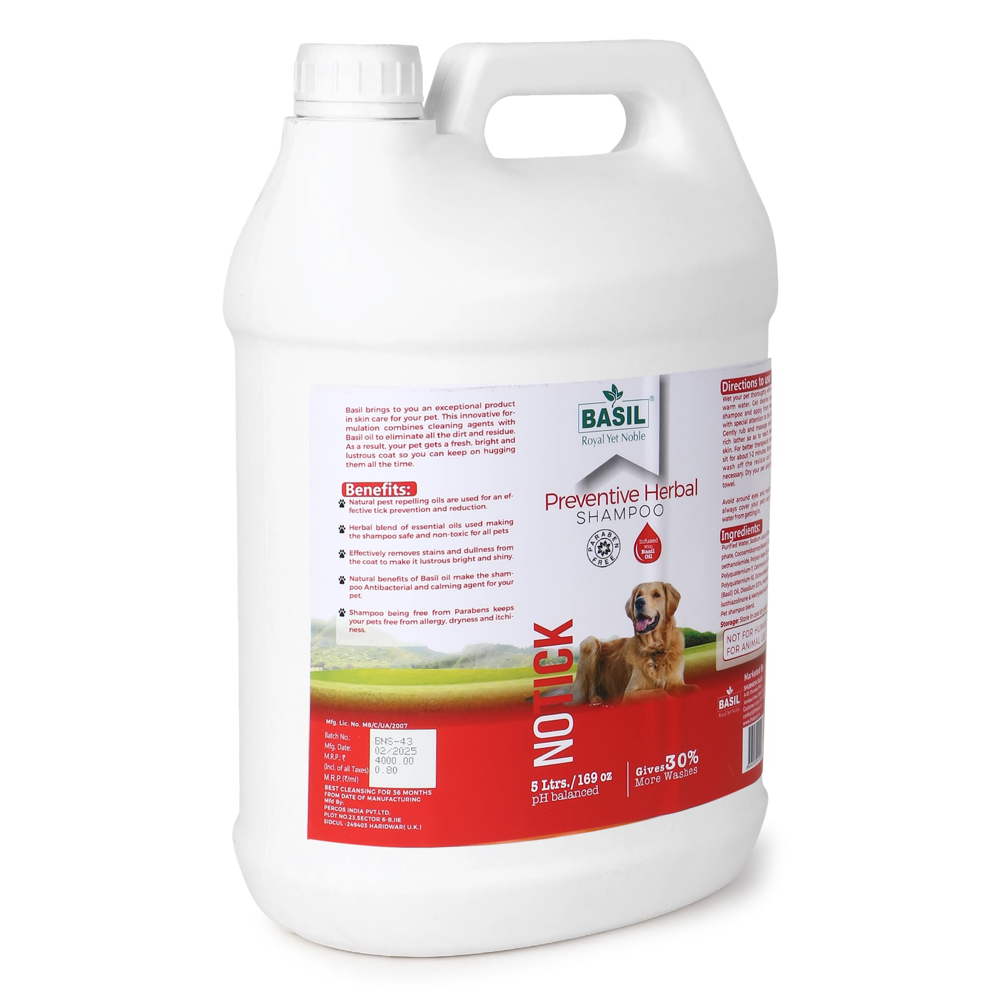 BASIL No Tick Anti-Tick & Flea Shampoo for Dogs – 5L Gallon | Gentle, Effective Protection Against Ticks, Fleas & Parasites
