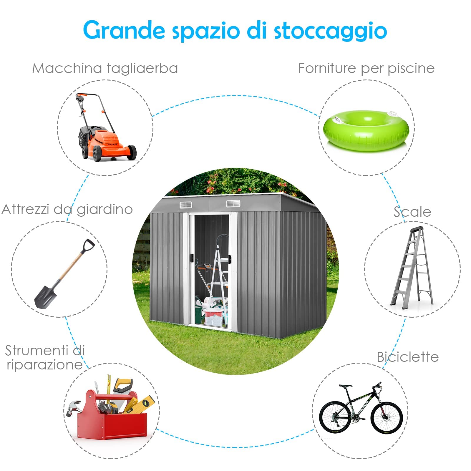 RELAX4LIFE Casetta da Giardino 3,12 m² 5 m³, in Lamiera d'Acciaio e e Lamiera Zincata con2 Porte Scorrevoli, Tetto Inclinato, per Porta Attrezzi, Tosaerba 238×131×160cm
