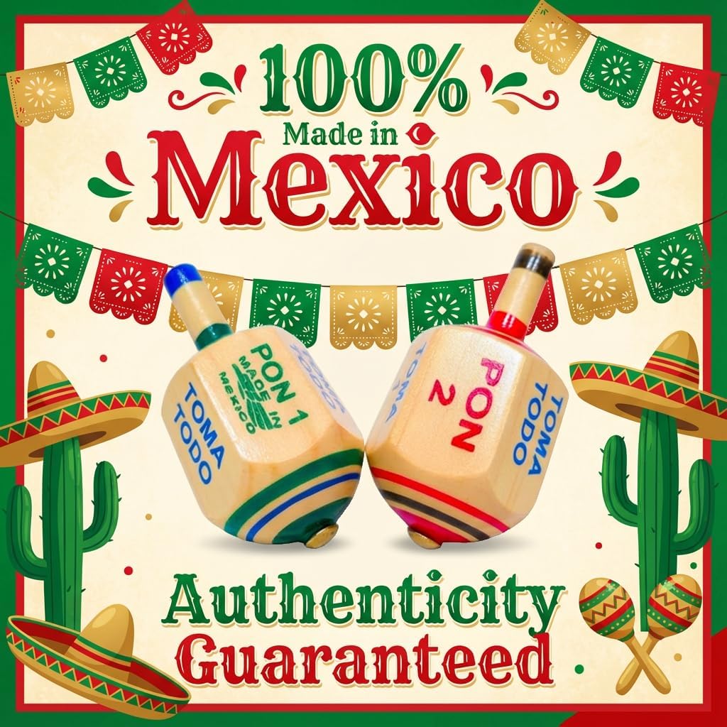 Alondra's Imports Pirinola Toma Todo Set – Mexican Fiesta, Kids and Adults Family Party Games, Bachelor Parties or Baby Shower, Wood Spinning Top Game - Premium Quality Finish - Complete Set of 2