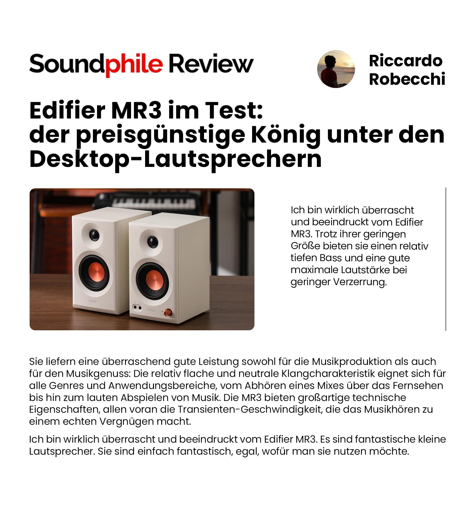 Edifier MR3 Kompakter Studio-Lautsprecher 2.0, Hi-Res Audio, Bluetooth V5.4, physische Steuerungen, RCA, AUX, Mobile App, 2 x 18 W, Schwarz