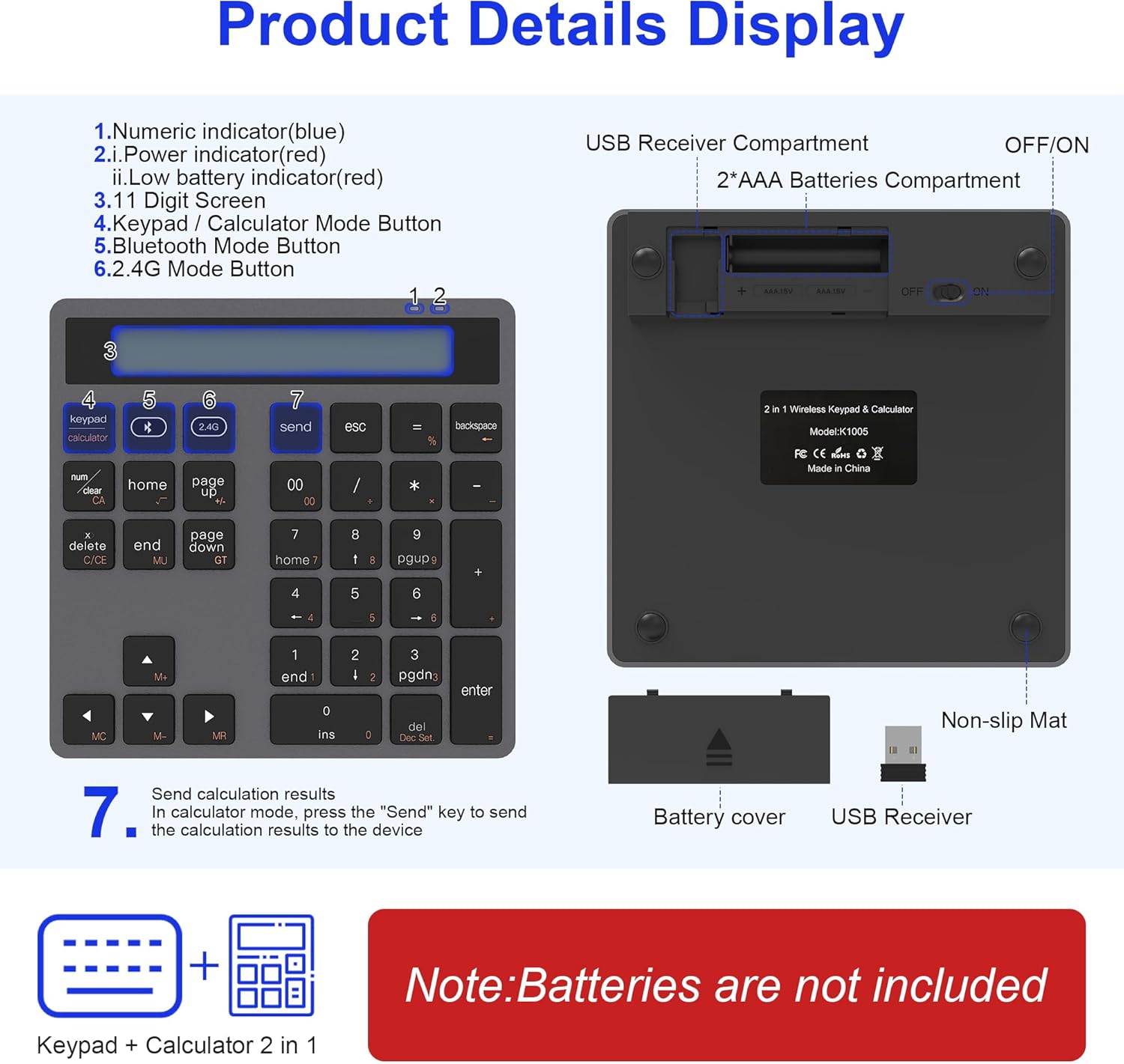 Cateck Bluetooth/2.4G Wireless Number Pad with Calculator - Wireless Numeric Keypad Slim 34-Keys External Numpad Keyboard Data Entry + Calculation 2in1 Number Pad for Laptop Desktop PC Smartphone
