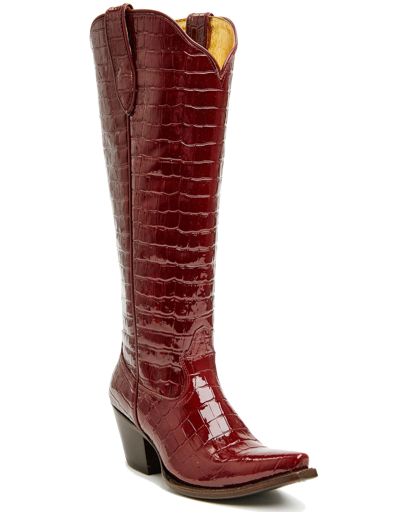Womens Red Crocodile-Embossed Leather Knee-High Boots with Pointed Toe and Stacked Heel