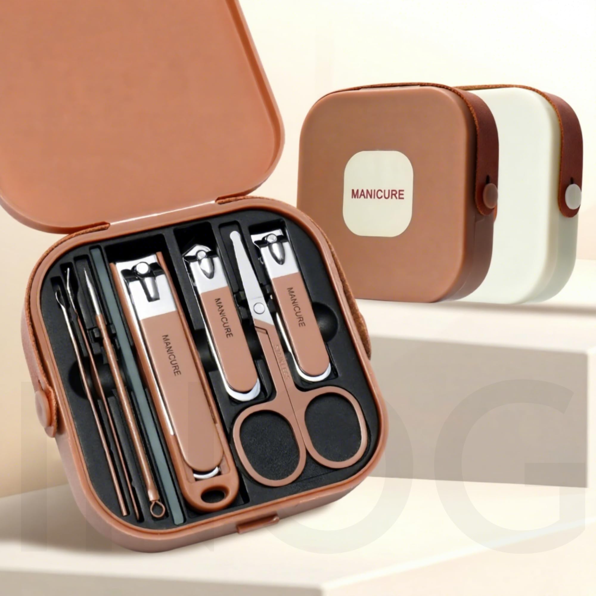 INOG 8pcs Manicure Pedicure Set Stainless Steel Nail Clipper Set with Scissor Nail File Dead Skin Removal Beauty Care Kits For Men & Women 8 IN 1(Brown) | Anti-Splash Design, Includes Nail File, Dead Skin Removal, Travel-Friendly Case, Unisex Grooming Kit-picture-16
