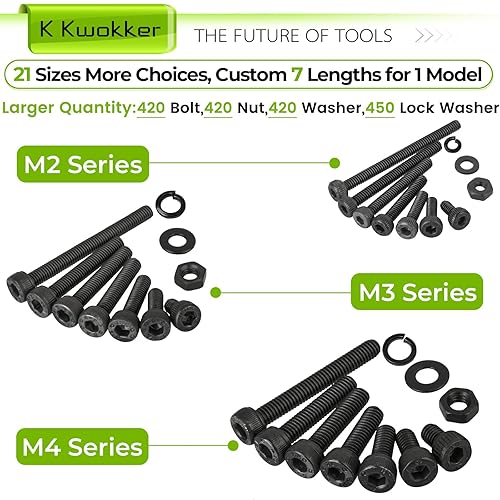 Miniatura 4 de K Kwokker Surtido de 1710 tornillos métricos M2 M3 M4, 21 tamaños de 0.157 in a 1.181 in mejorados de cabeza hexagonal chapada en zinc, tornillos y
